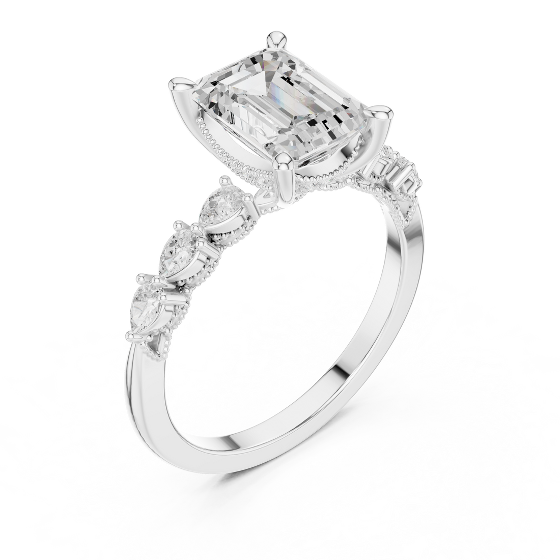 Emerald Cut Engagement Ring with Marquise & Round Floral Side Stones