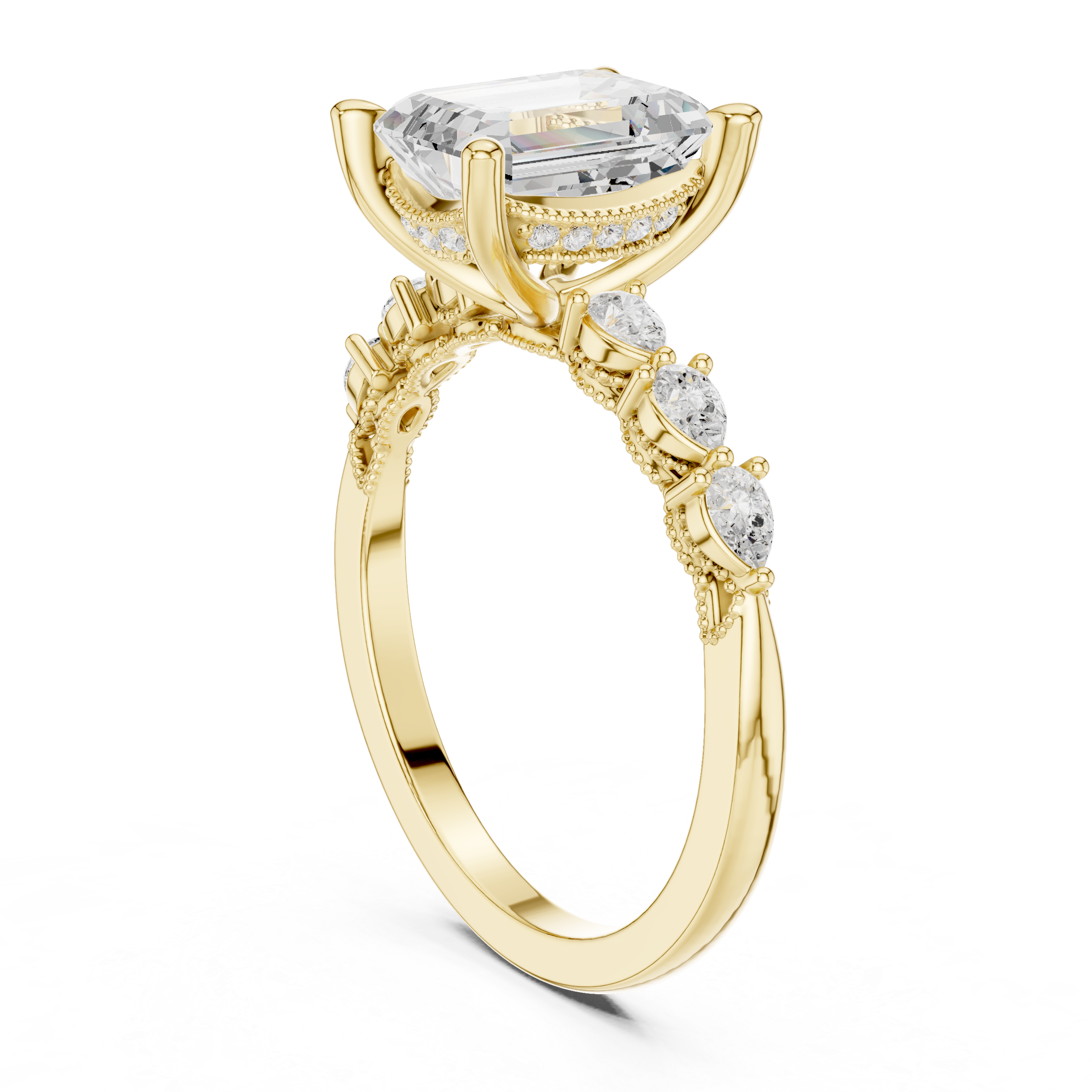 Emerald Cut Engagement Ring with Marquise & Round Floral Side Stones