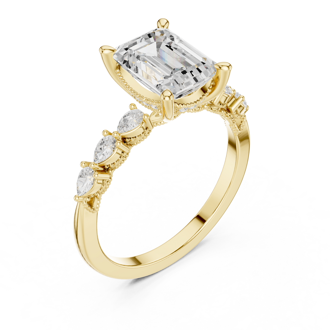 Emerald Cut Engagement Ring with Marquise & Round Floral Side Stones