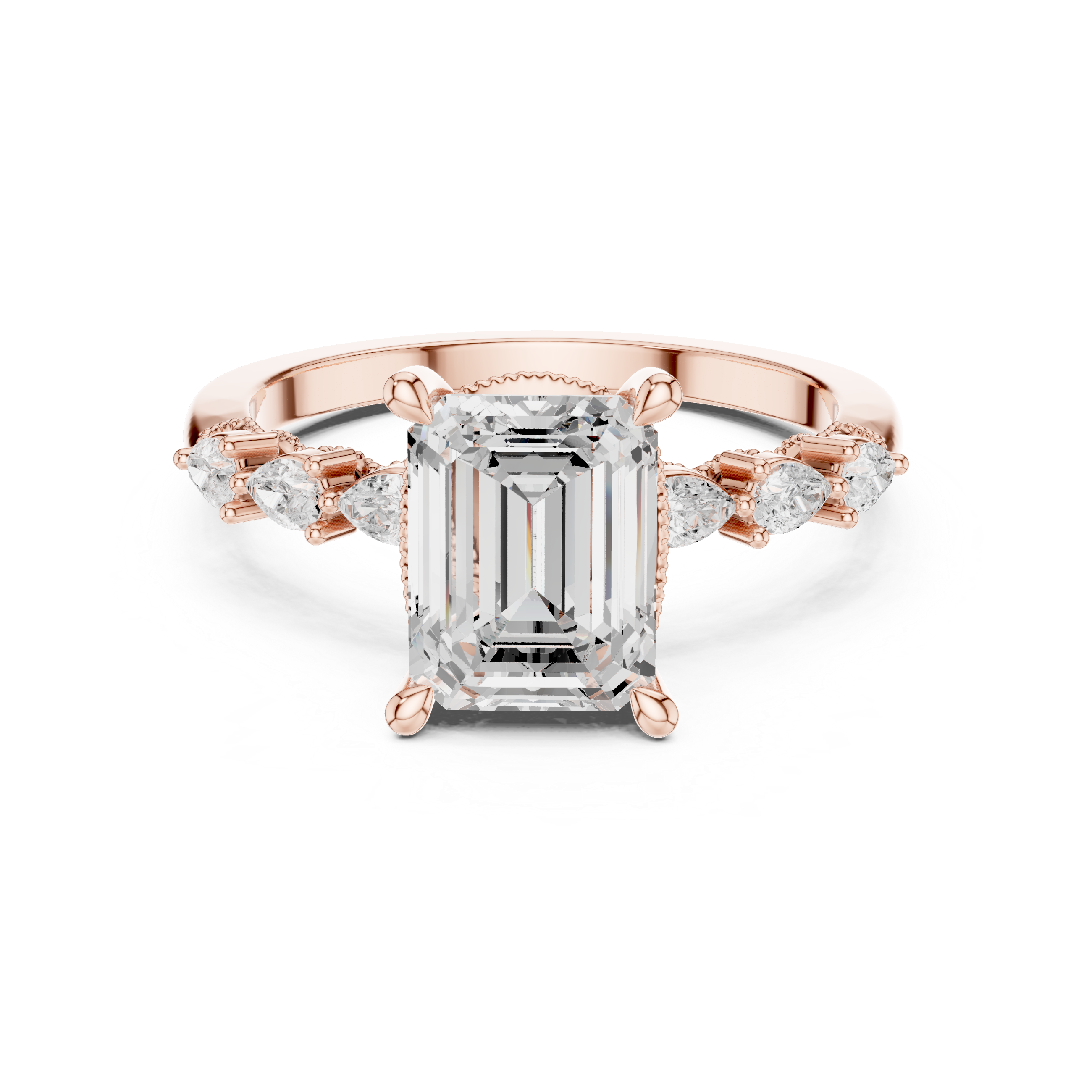 Emerald Cut Engagement Ring with Marquise & Round Floral Side Stones