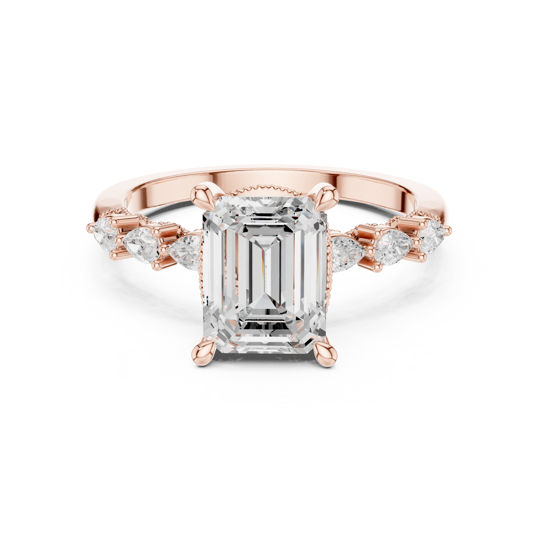 Emerald Cut Engagement Ring with Marquise & Round Floral Side Stones