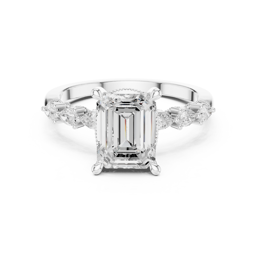 Emerald Cut Engagement Ring with Marquise & Round Floral Side Stones