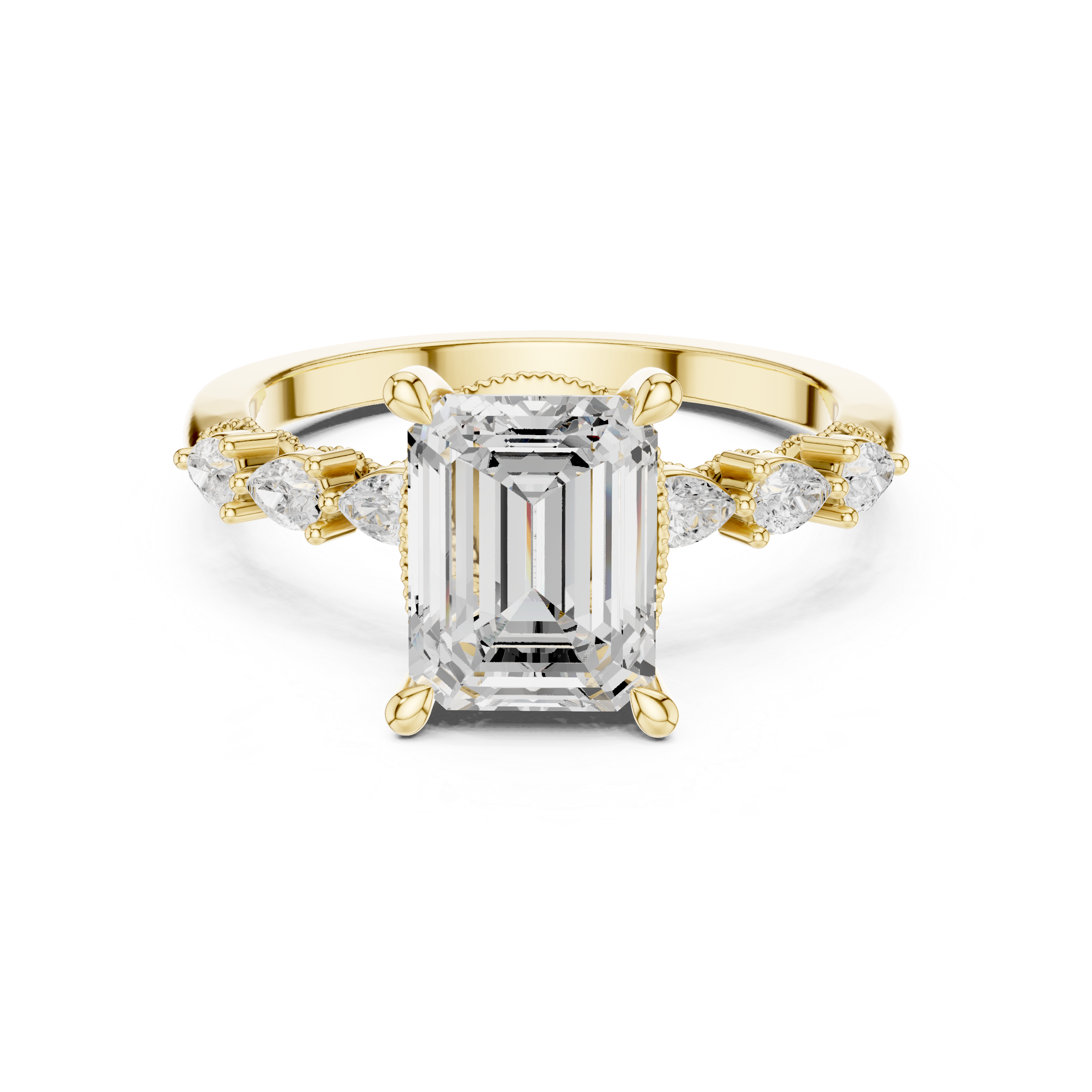 Emerald Cut Engagement Ring with Marquise & Round Floral Side Stones