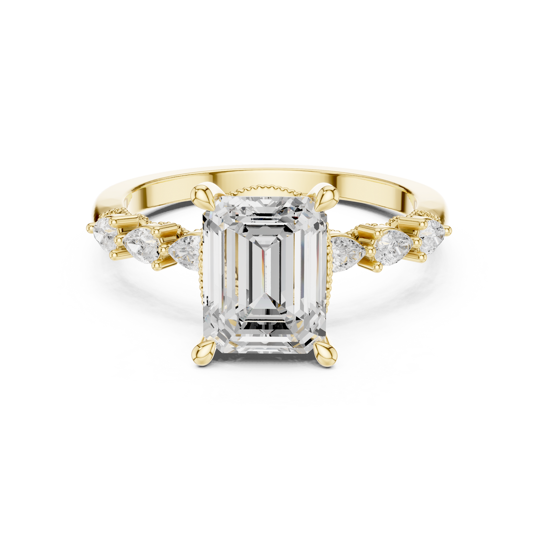Emerald Cut Engagement Ring with Marquise & Round Floral Side Stones