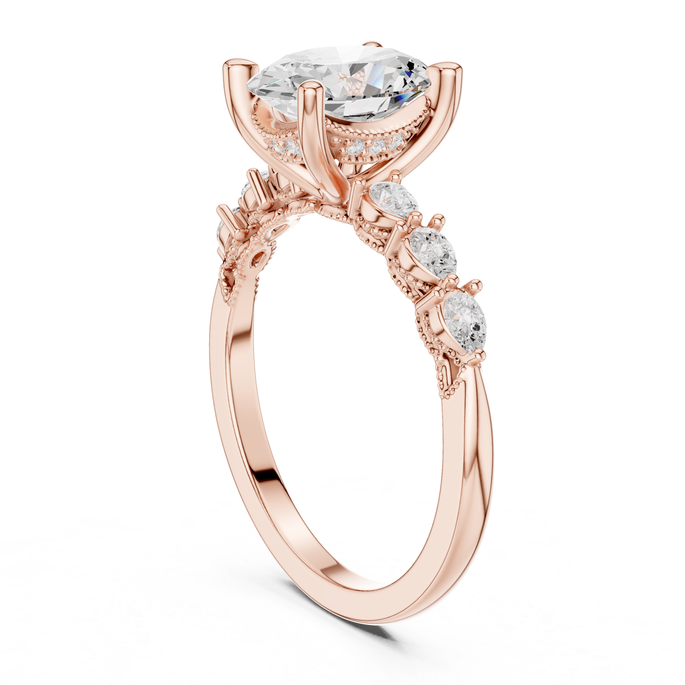 Oval Cut Engagement Ring with Marquise & Round Floral Side Stones