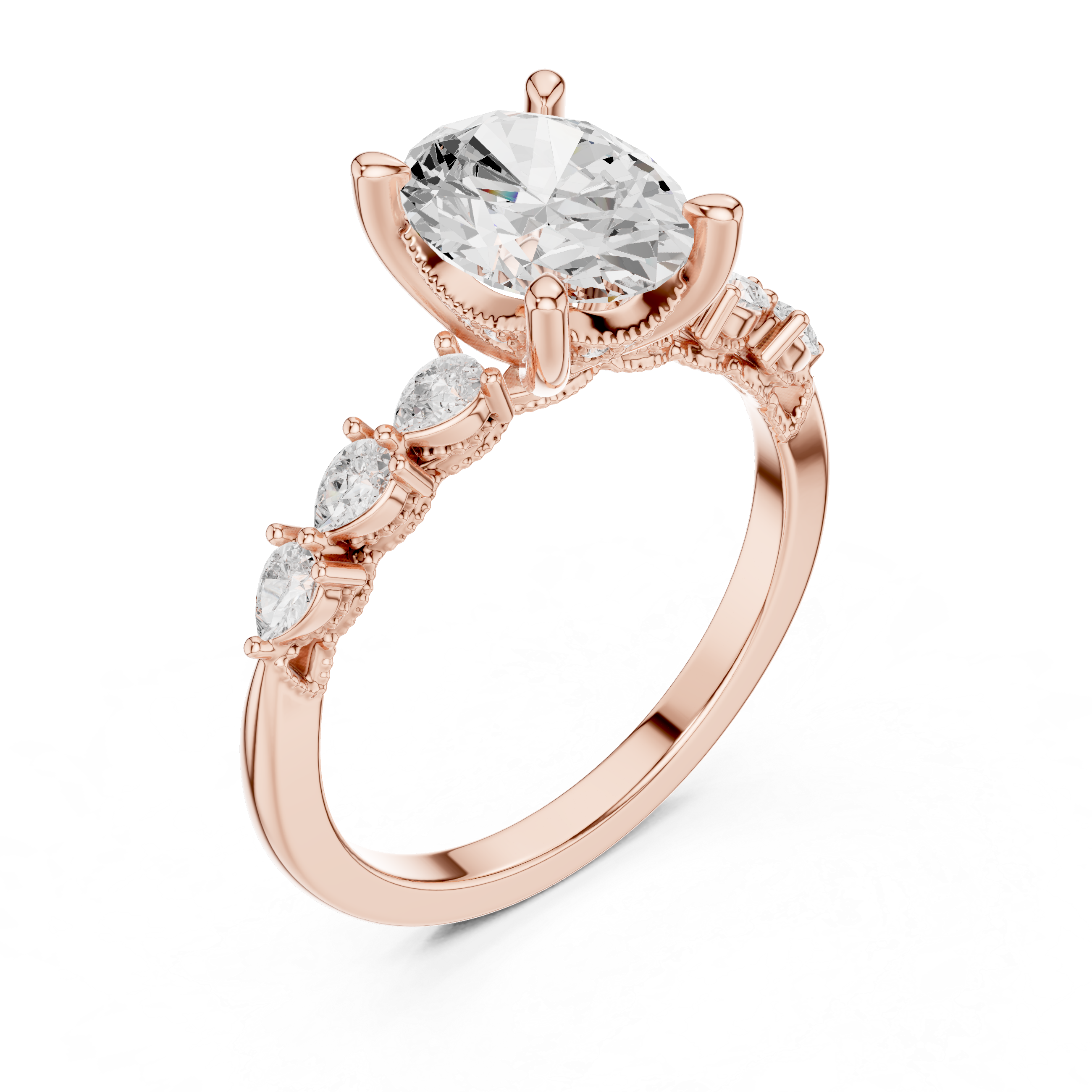 Oval Cut Engagement Ring with Marquise & Round Floral Side Stones