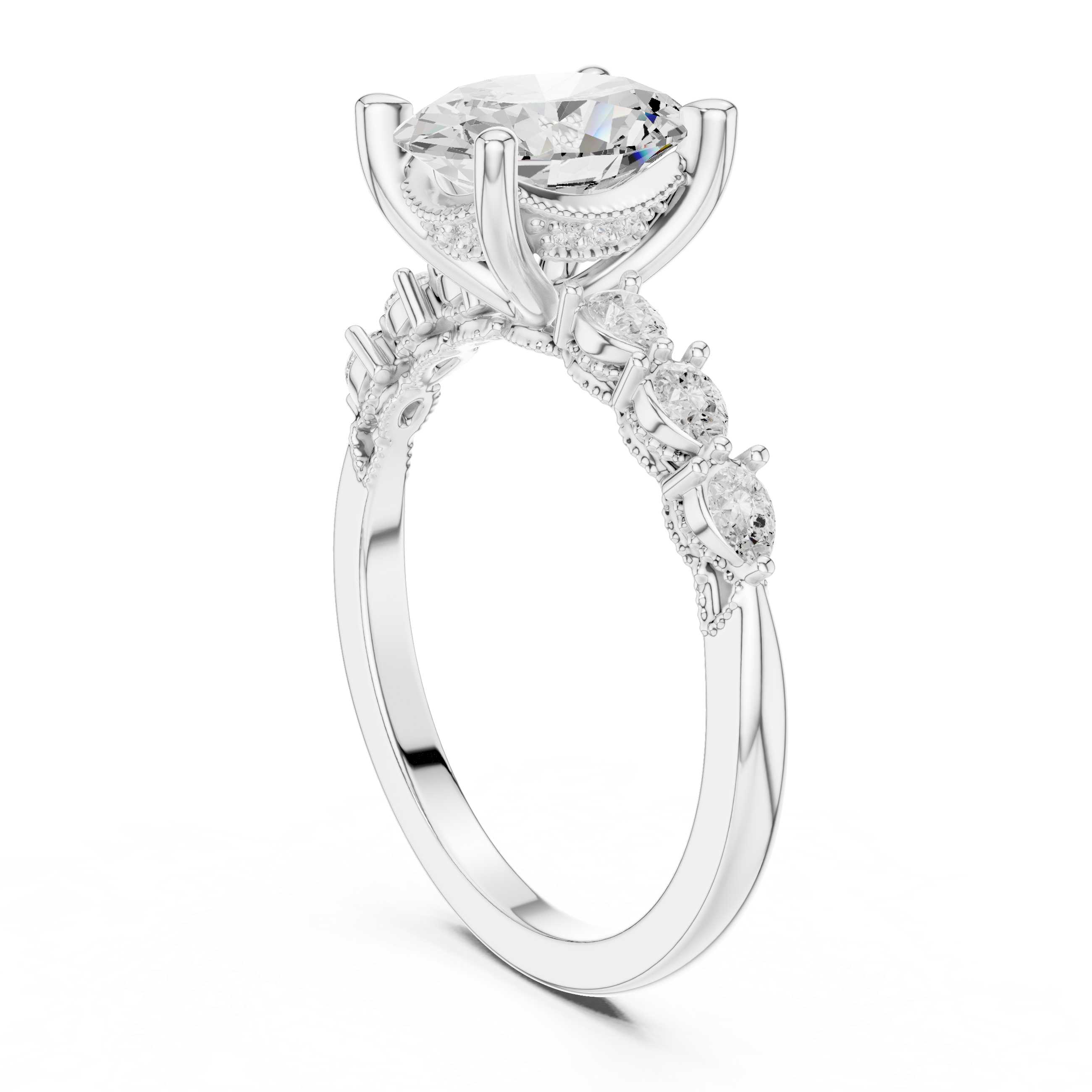 Oval Cut Engagement Ring with Marquise & Round Floral Side Stones