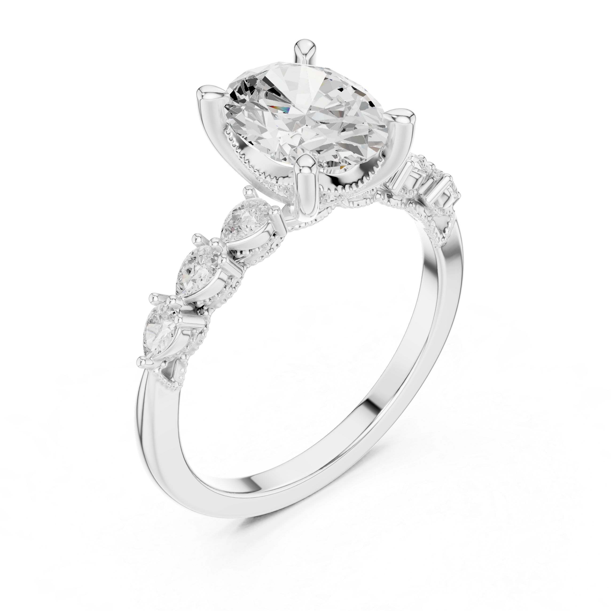 Oval Cut Engagement Ring with Marquise & Round Floral Side Stones