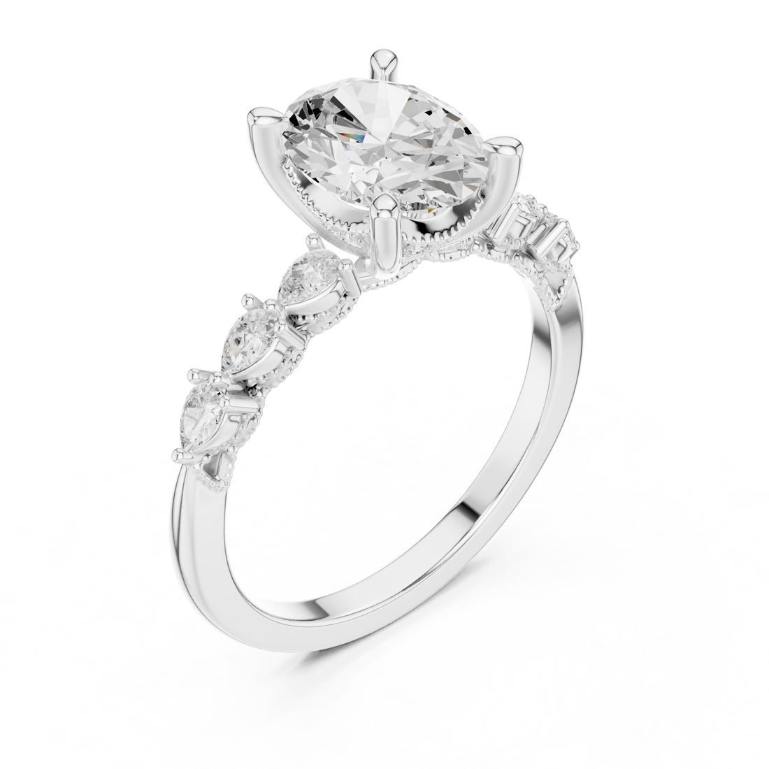 Oval Cut Engagement Ring with Marquise & Round Floral Side Stones