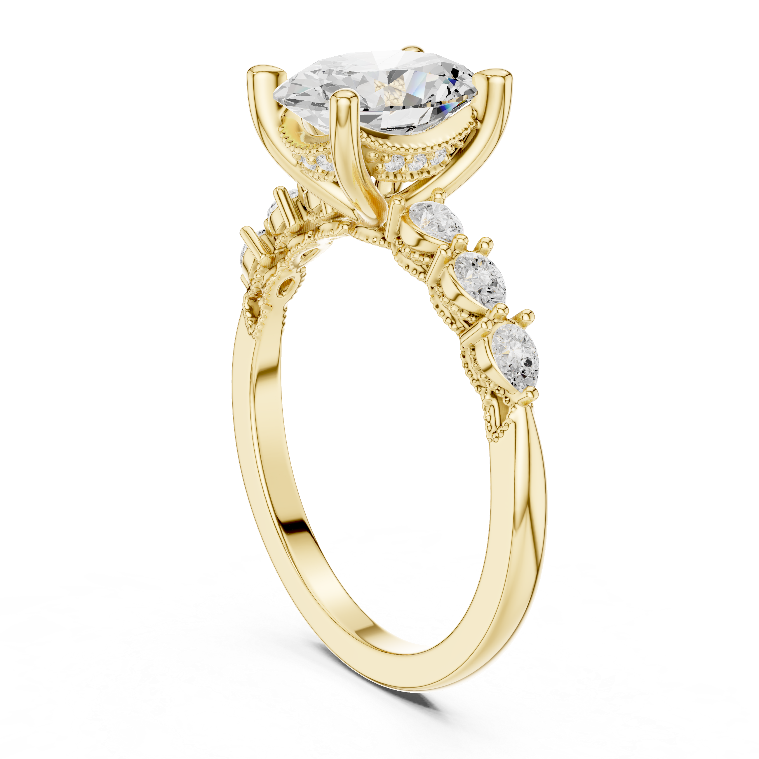 Oval Cut Engagement Ring with Marquise & Round Floral Side Stones