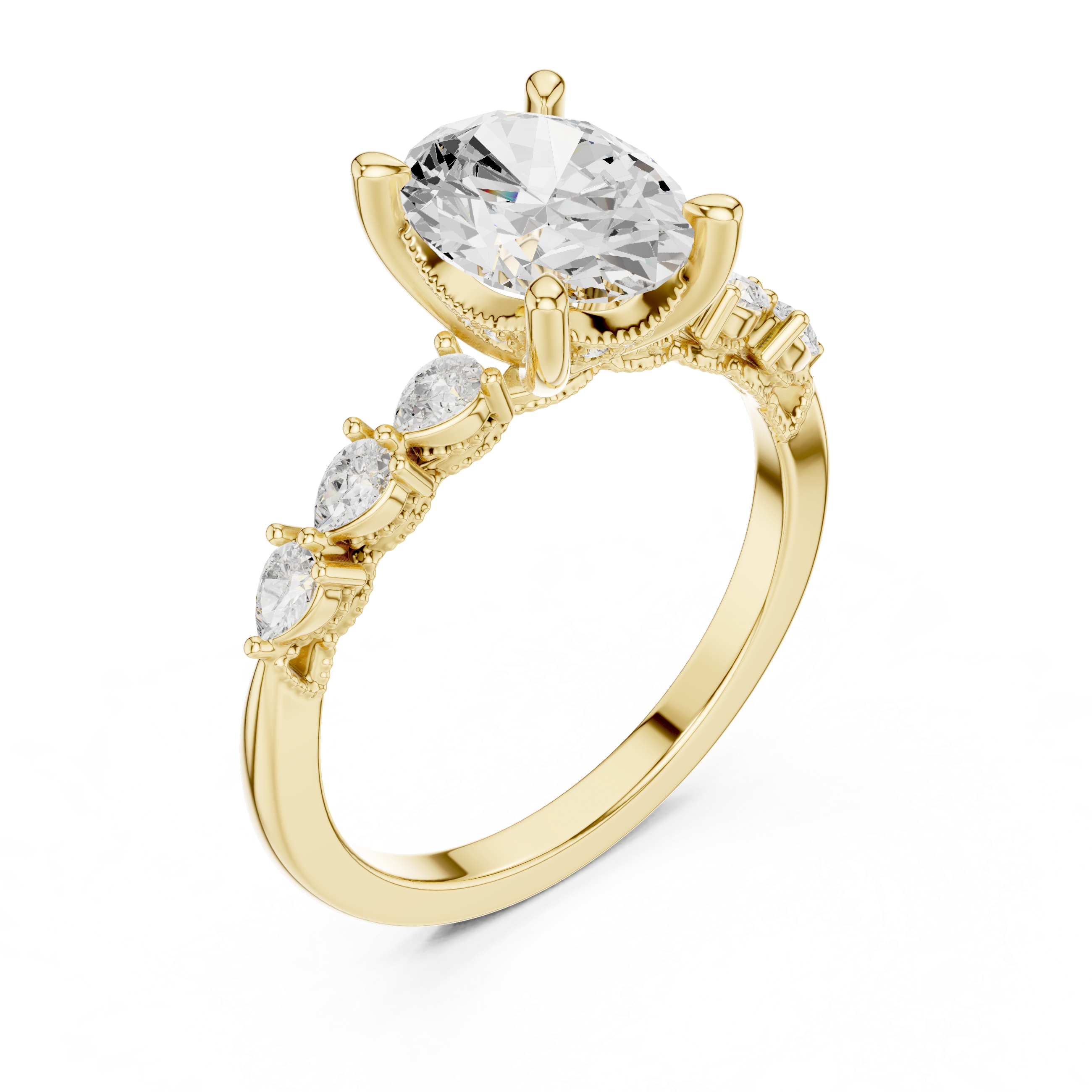Oval Cut Engagement Ring with Marquise & Round Floral Side Stones