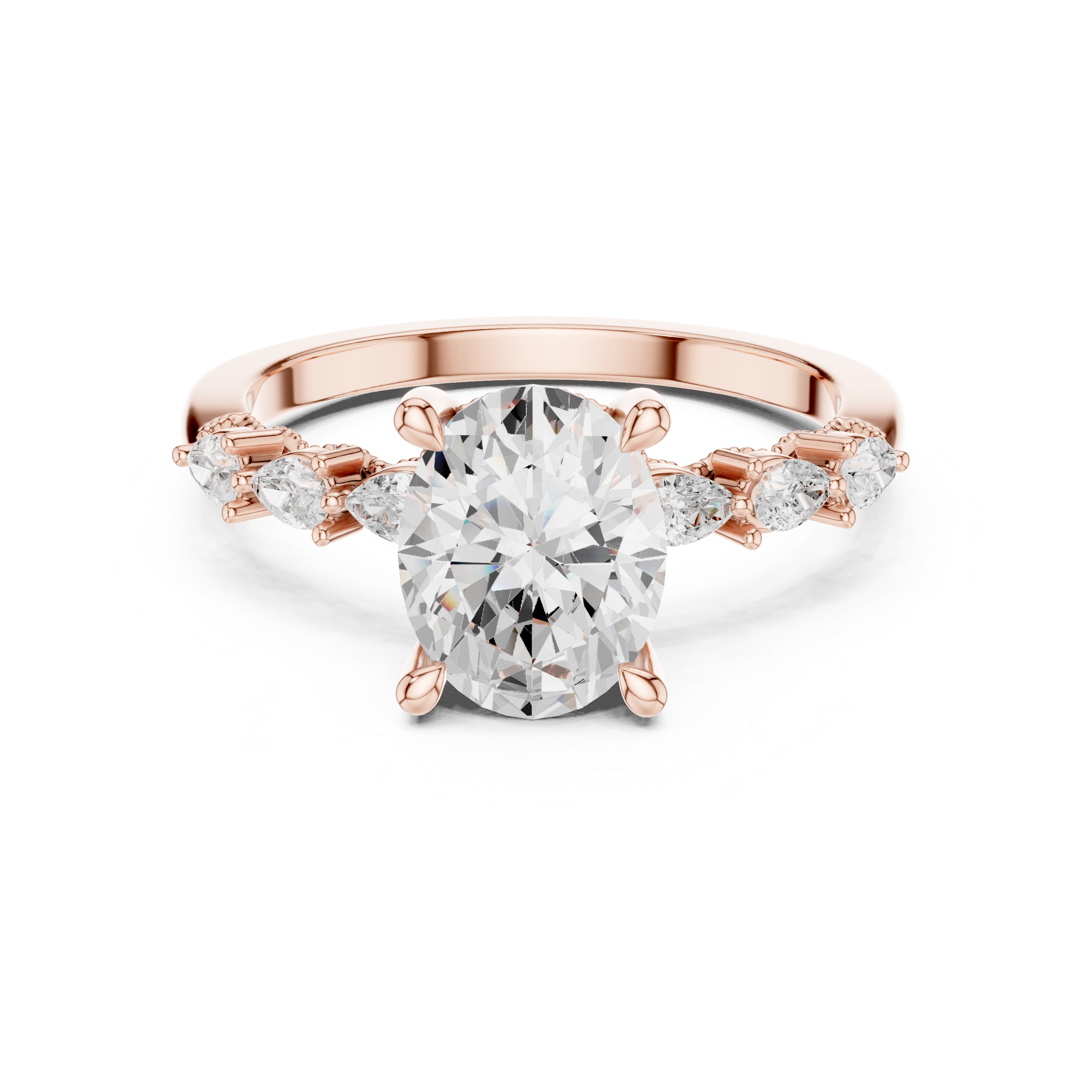 Oval Cut Engagement Ring with Marquise & Round Floral Side Stones