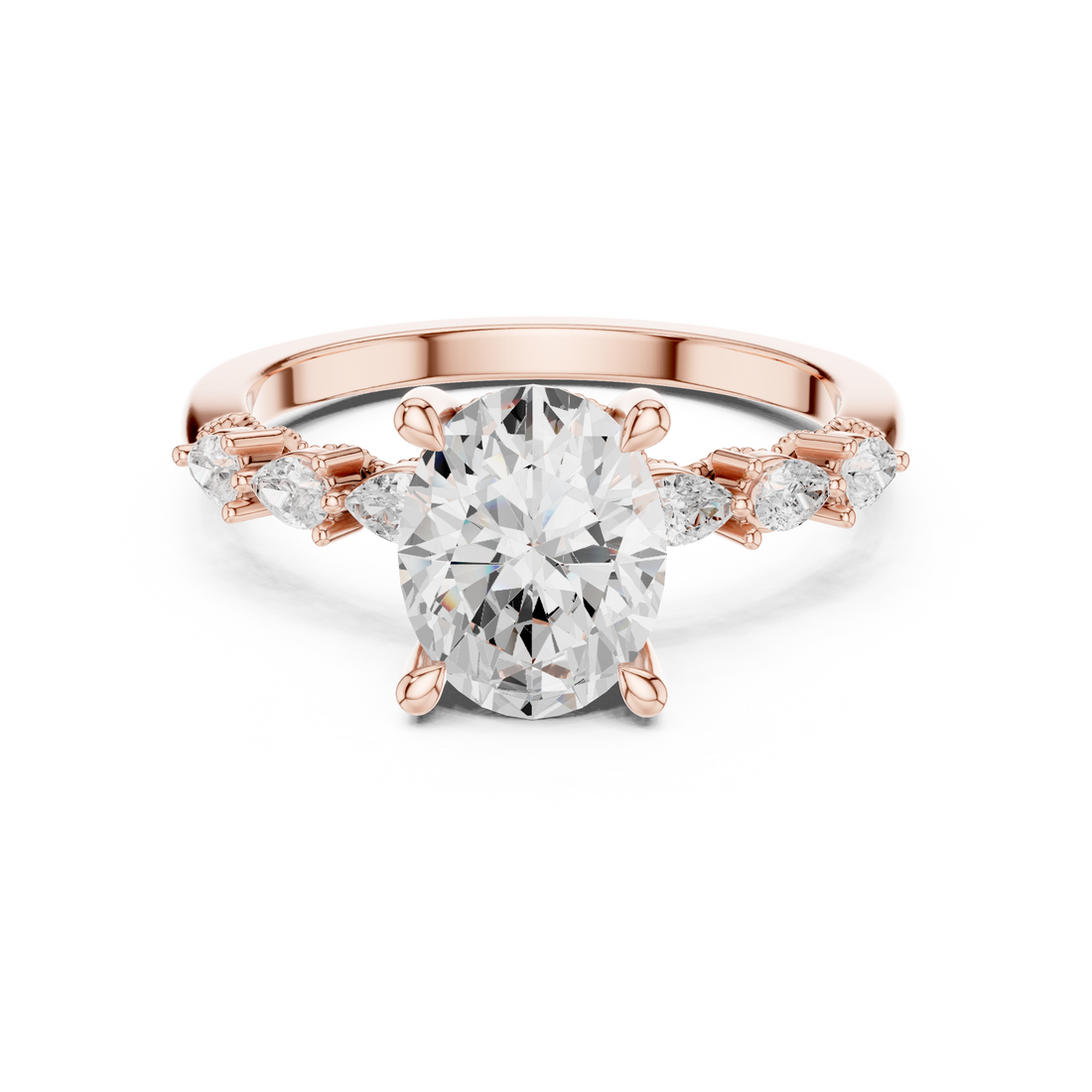 Oval Cut Engagement Ring with Marquise & Round Floral Side Stones