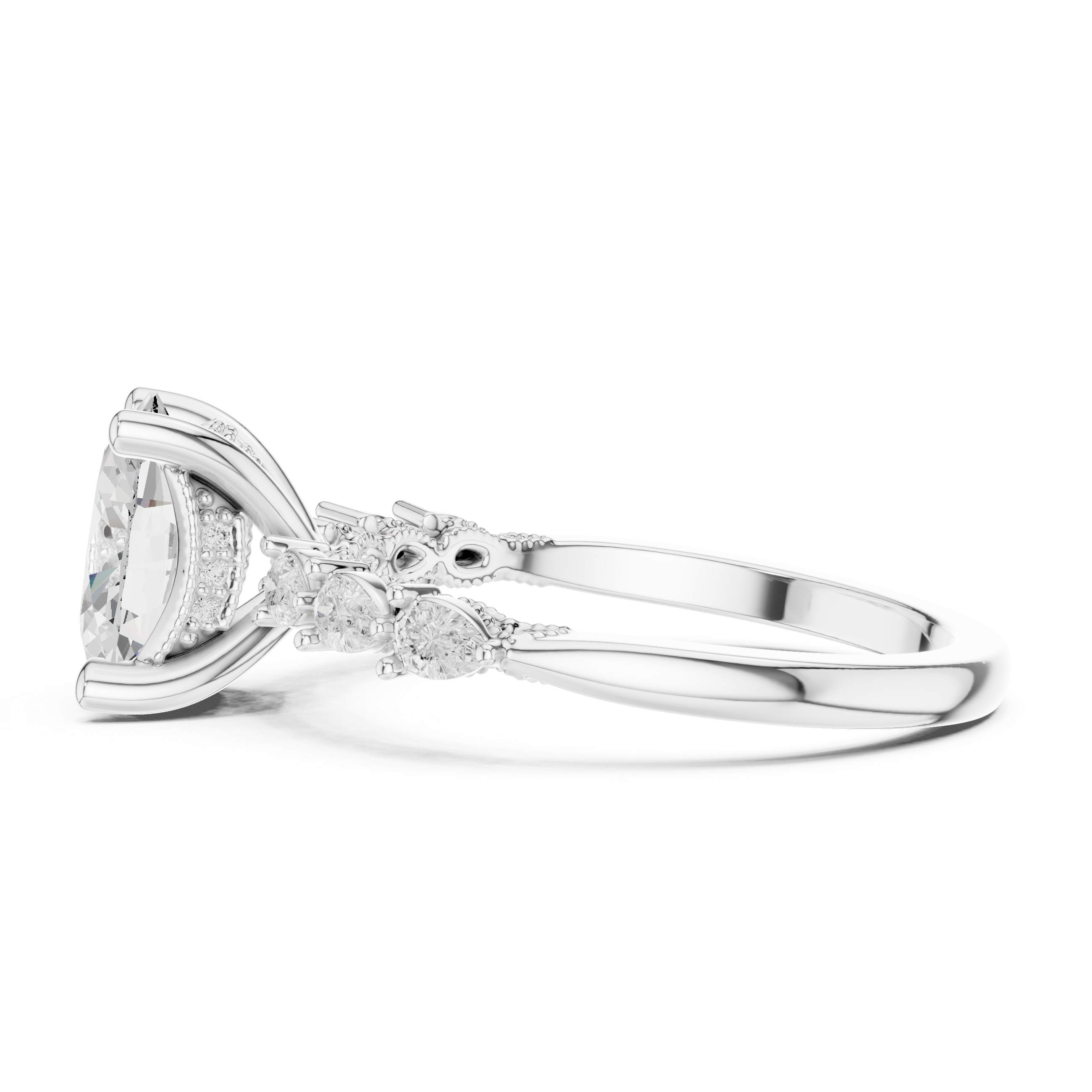 Oval Cut Engagement Ring with Marquise & Round Floral Side Stones