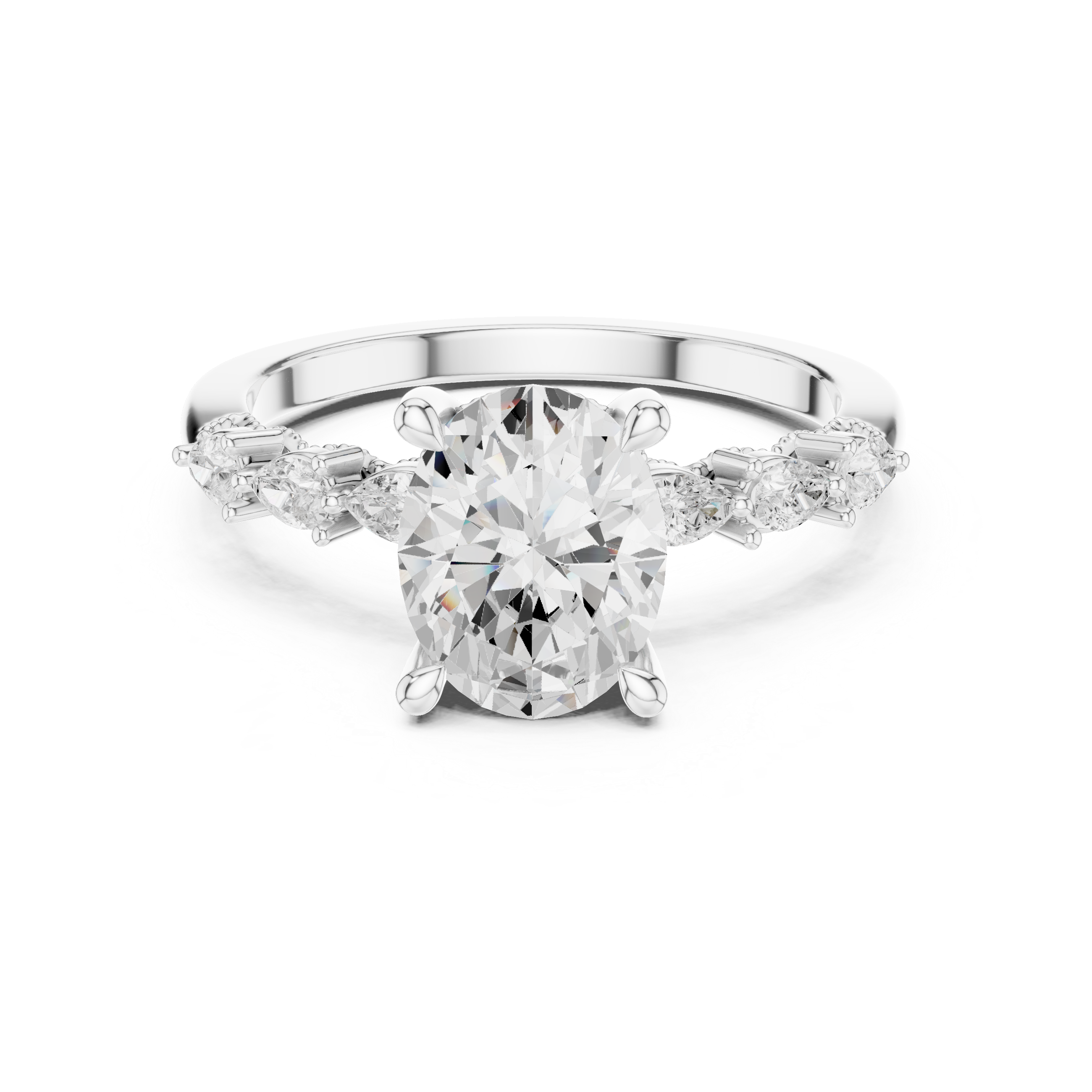 Oval Cut Engagement Ring with Marquise & Round Floral Side Stones