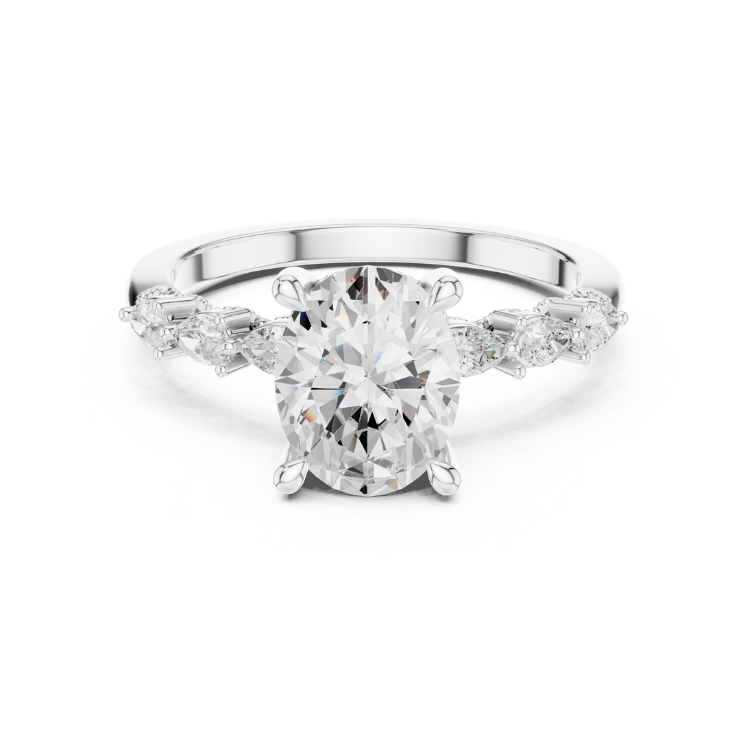 Oval Cut Engagement Ring with Marquise & Round Floral Side Stones