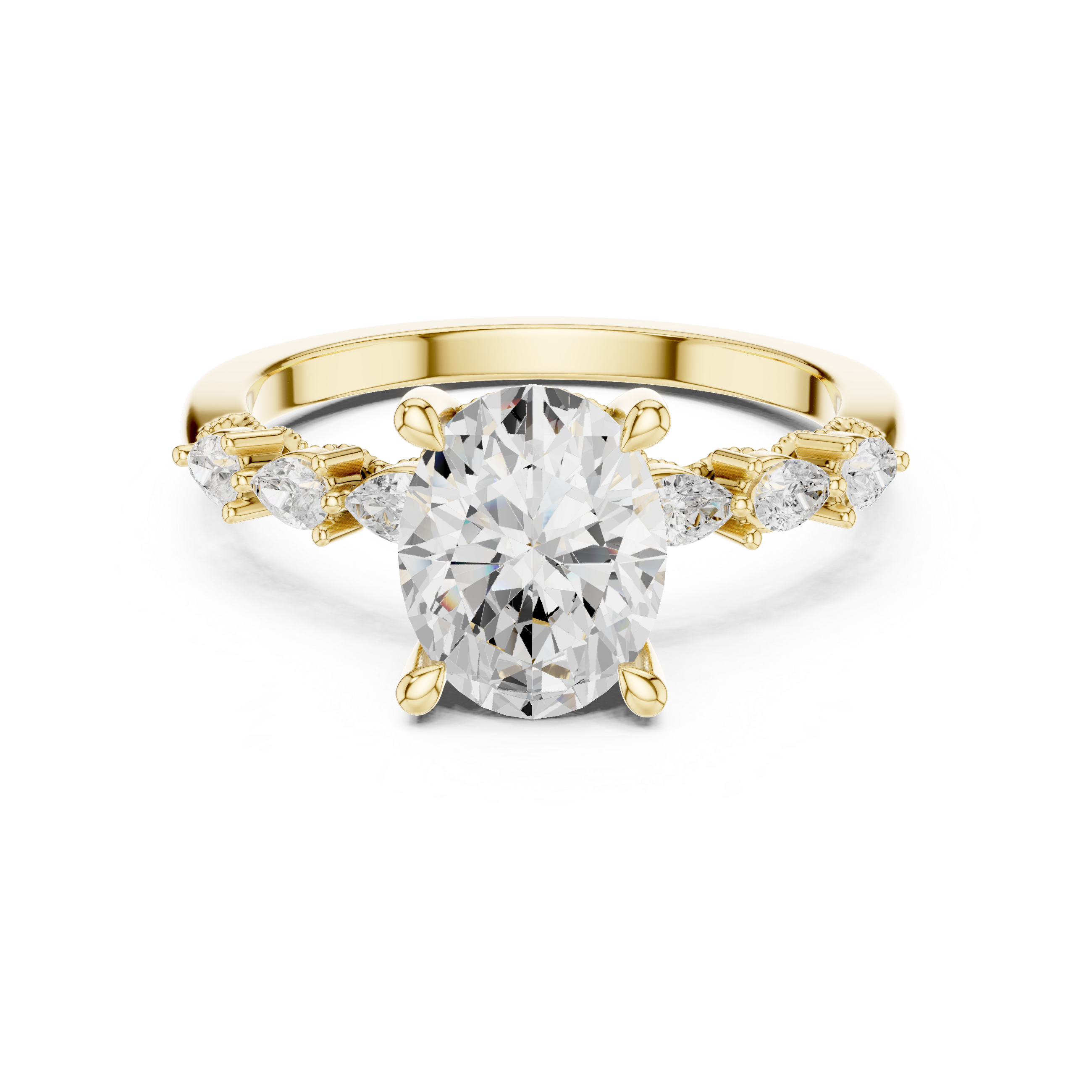 Oval Cut Engagement Ring with Marquise & Round Floral Side Stones
