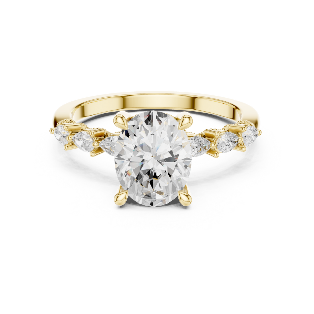 Oval Cut Engagement Ring with Marquise & Round Floral Side Stones