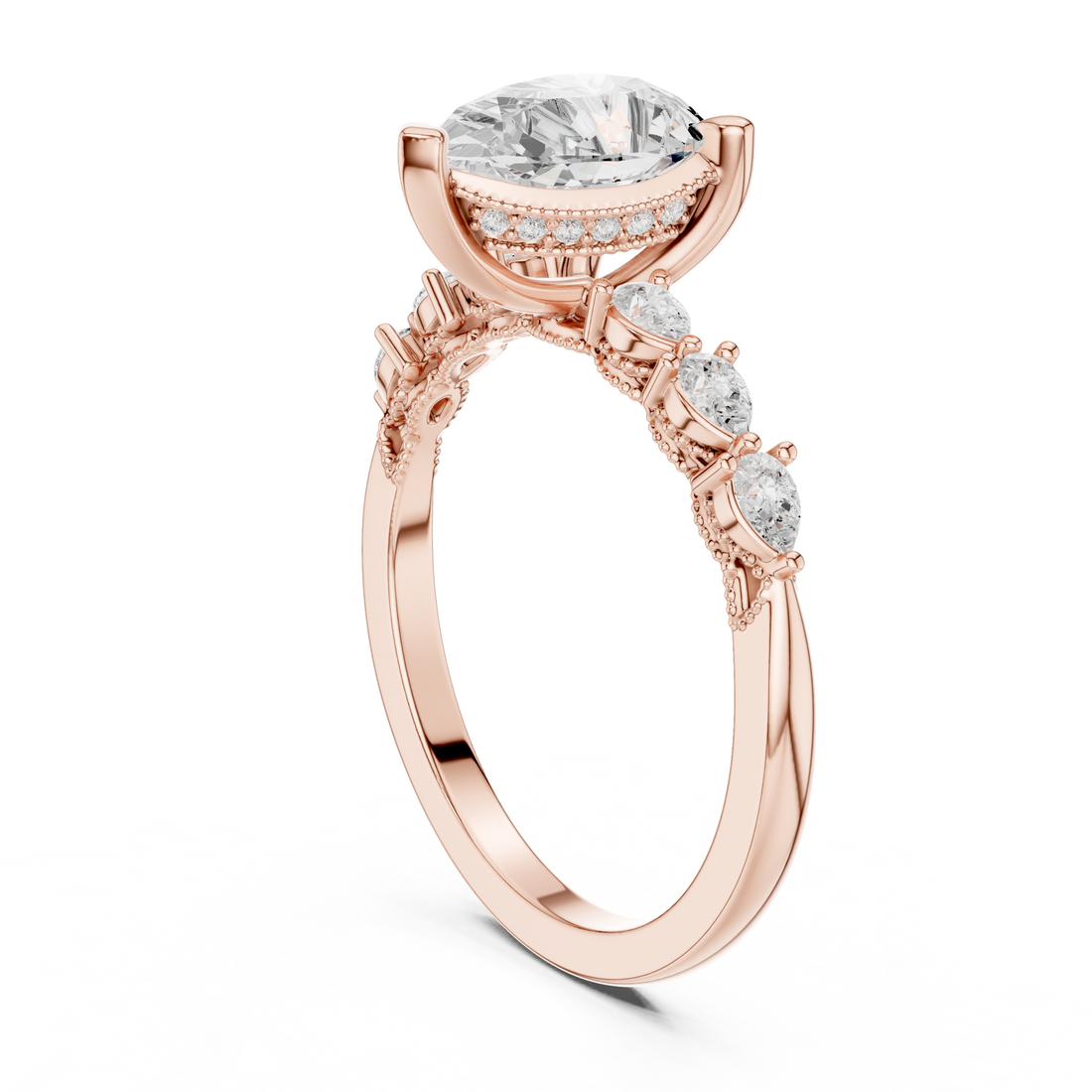 Pear Cut Engagement Ring with Marquise & Round Floral Side Stones