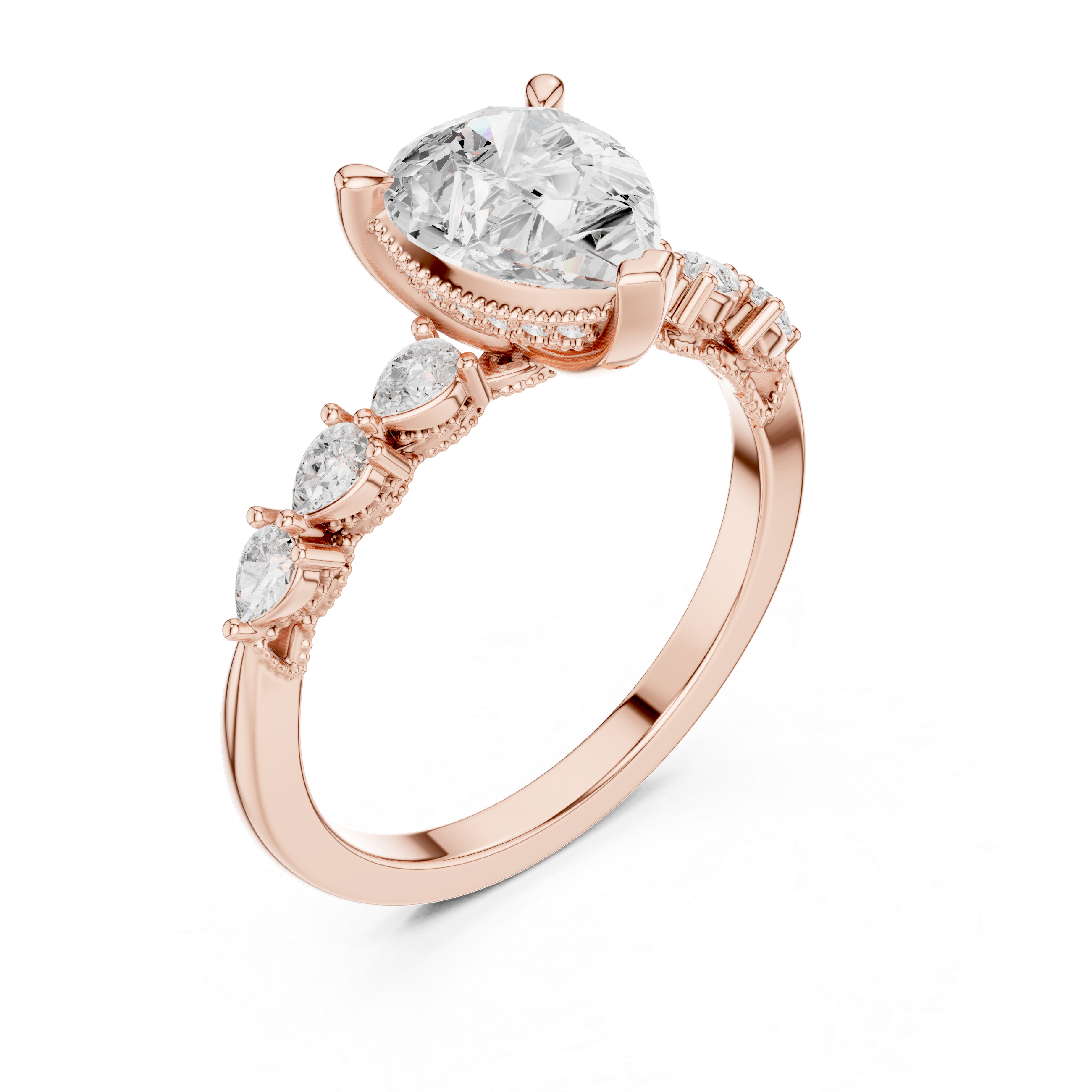 Pear Cut Engagement Ring with Marquise & Round Floral Side Stones