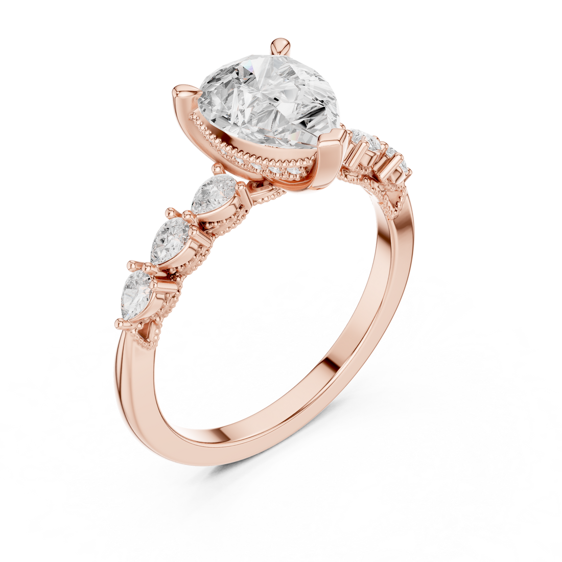 Pear Cut Engagement Ring with Marquise & Round Floral Side Stones