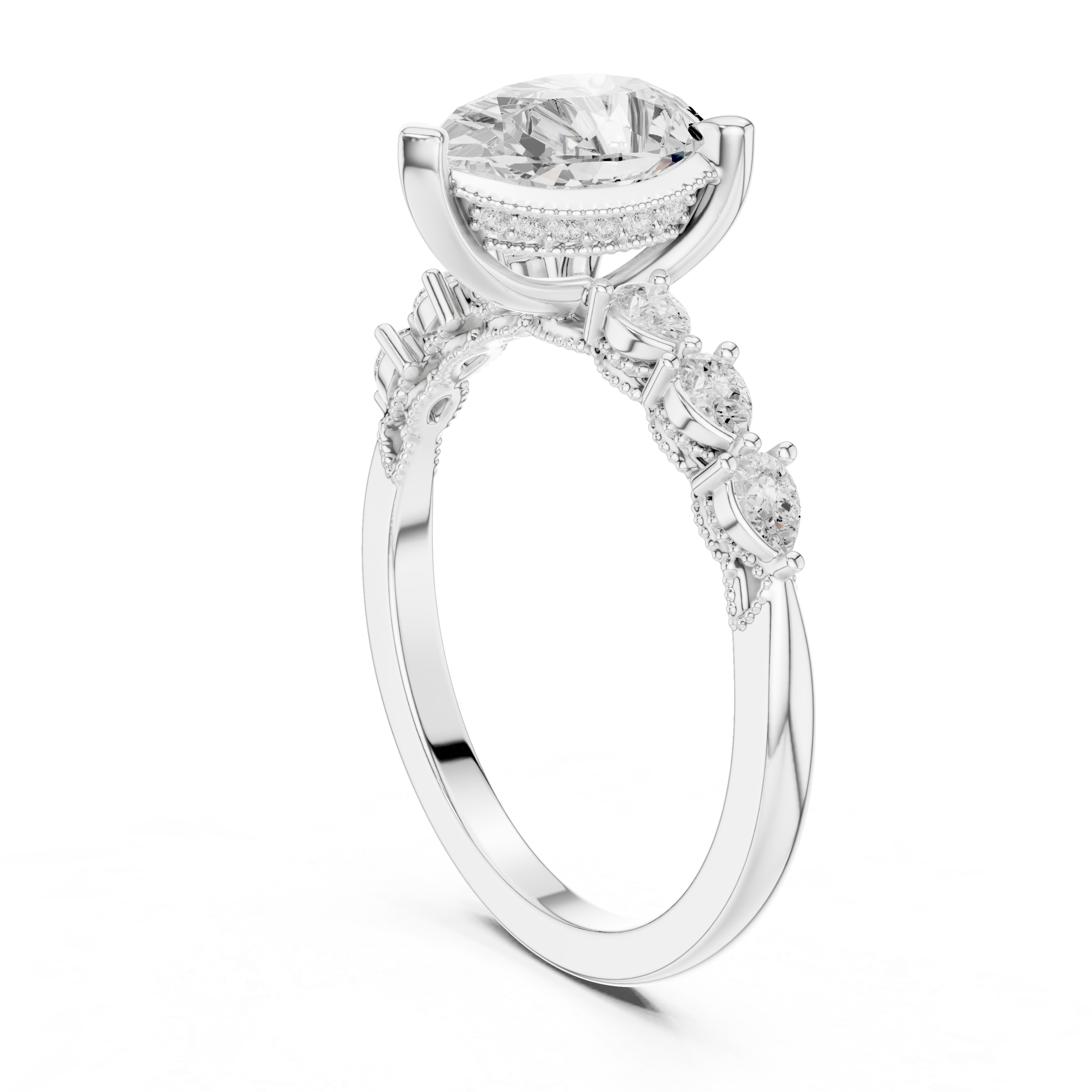 Pear Cut Engagement Ring with Marquise & Round Floral Side Stones