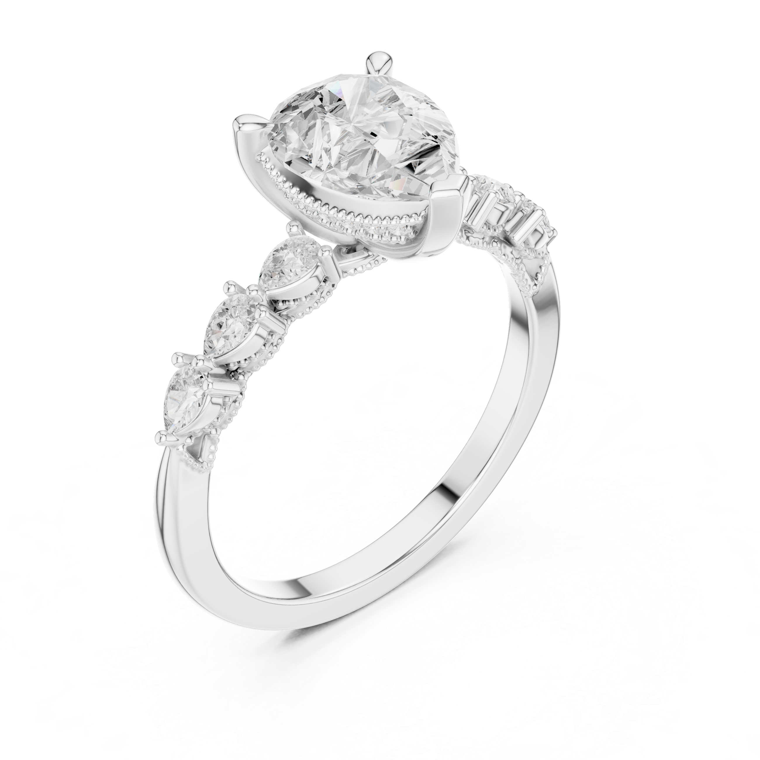 Pear Cut Engagement Ring with Marquise & Round Floral Side Stones