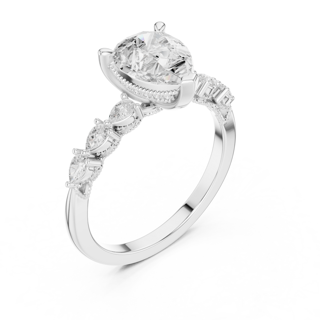 Pear Cut Engagement Ring with Marquise & Round Floral Side Stones