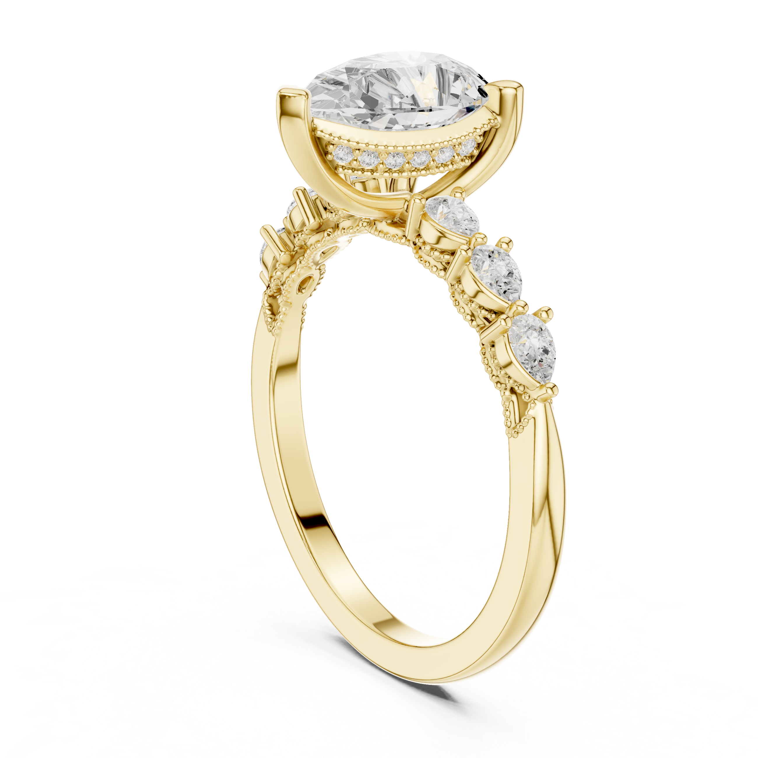 Pear Cut Engagement Ring with Marquise & Round Floral Side Stones