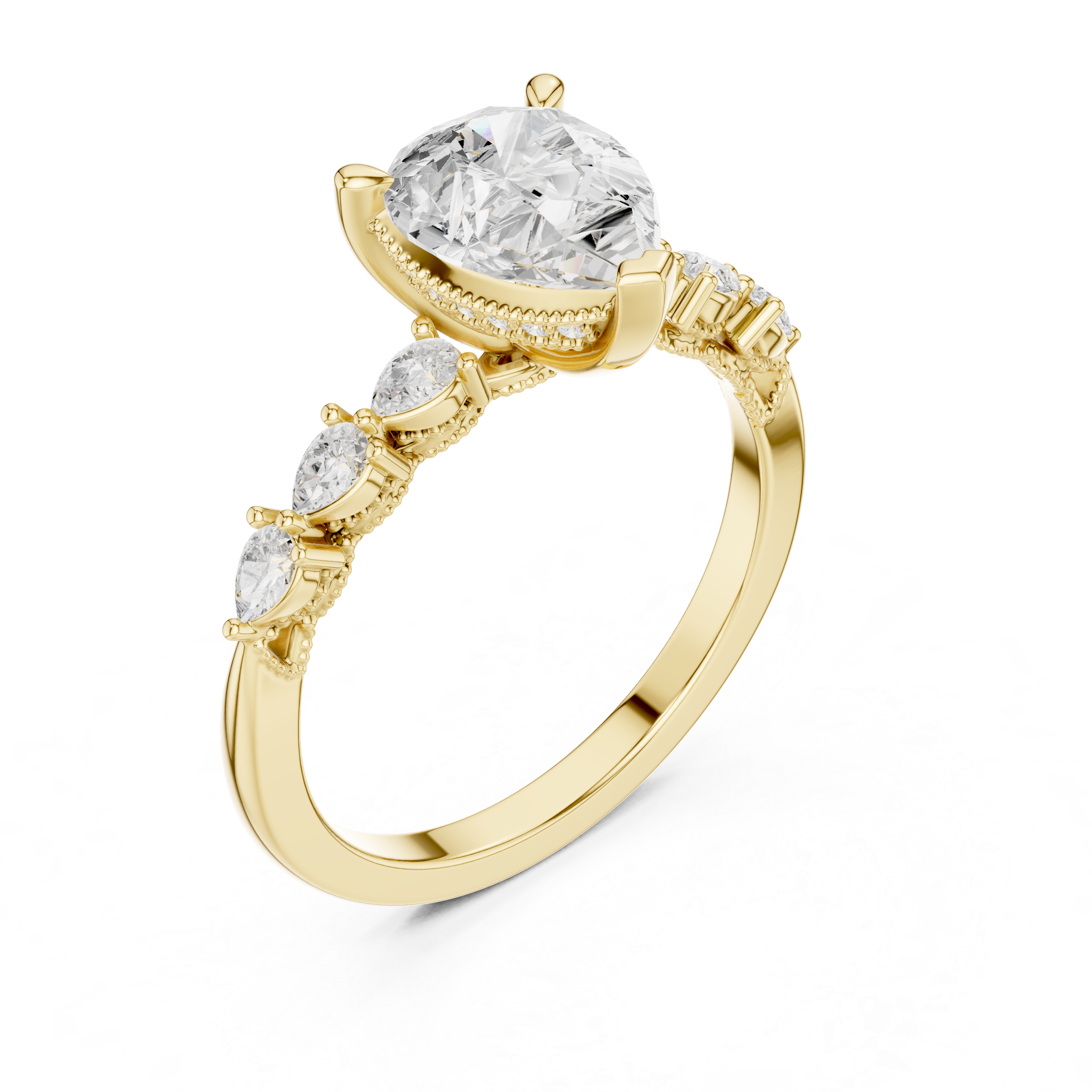 Pear Cut Engagement Ring with Marquise & Round Floral Side Stones