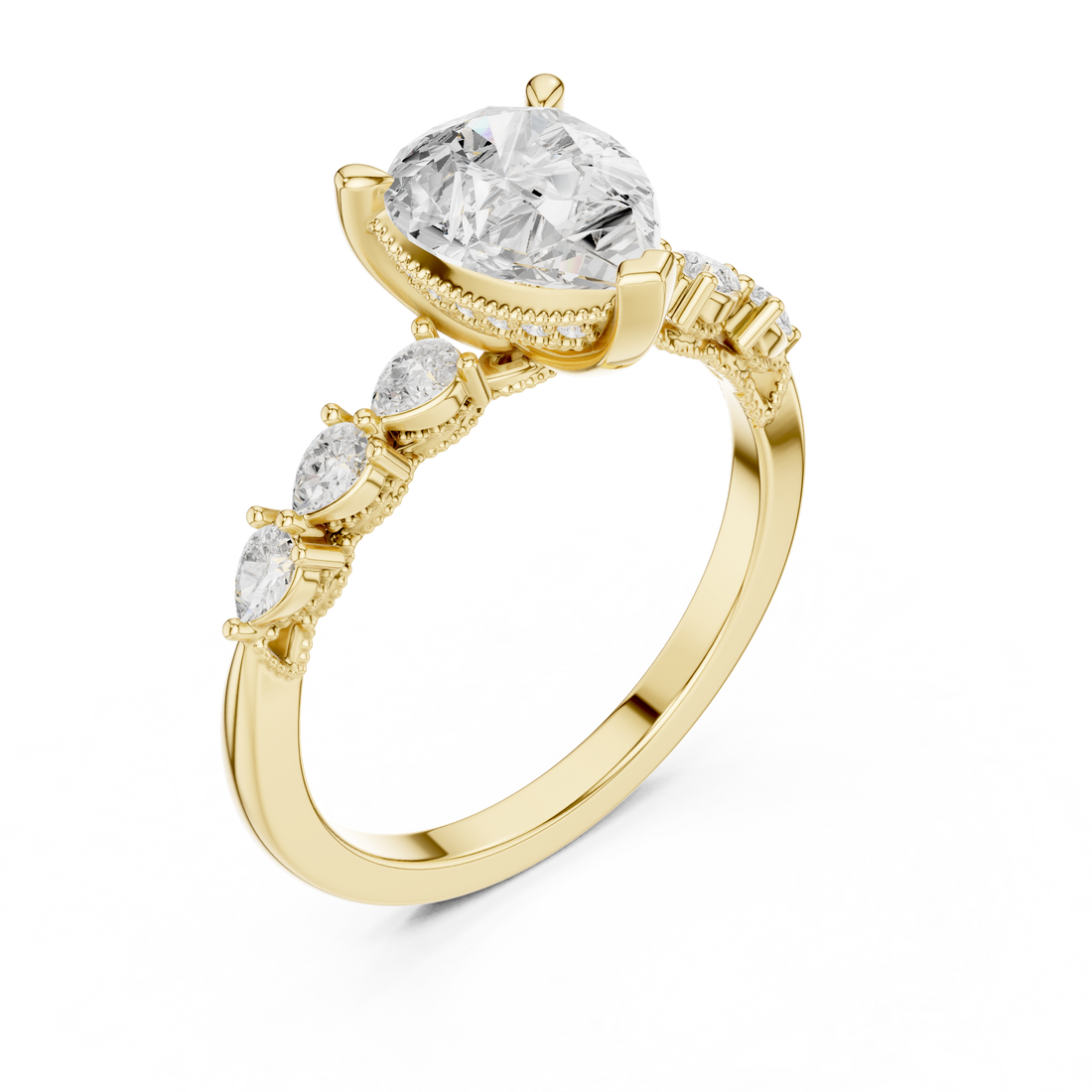 Pear Cut Engagement Ring with Marquise & Round Floral Side Stones