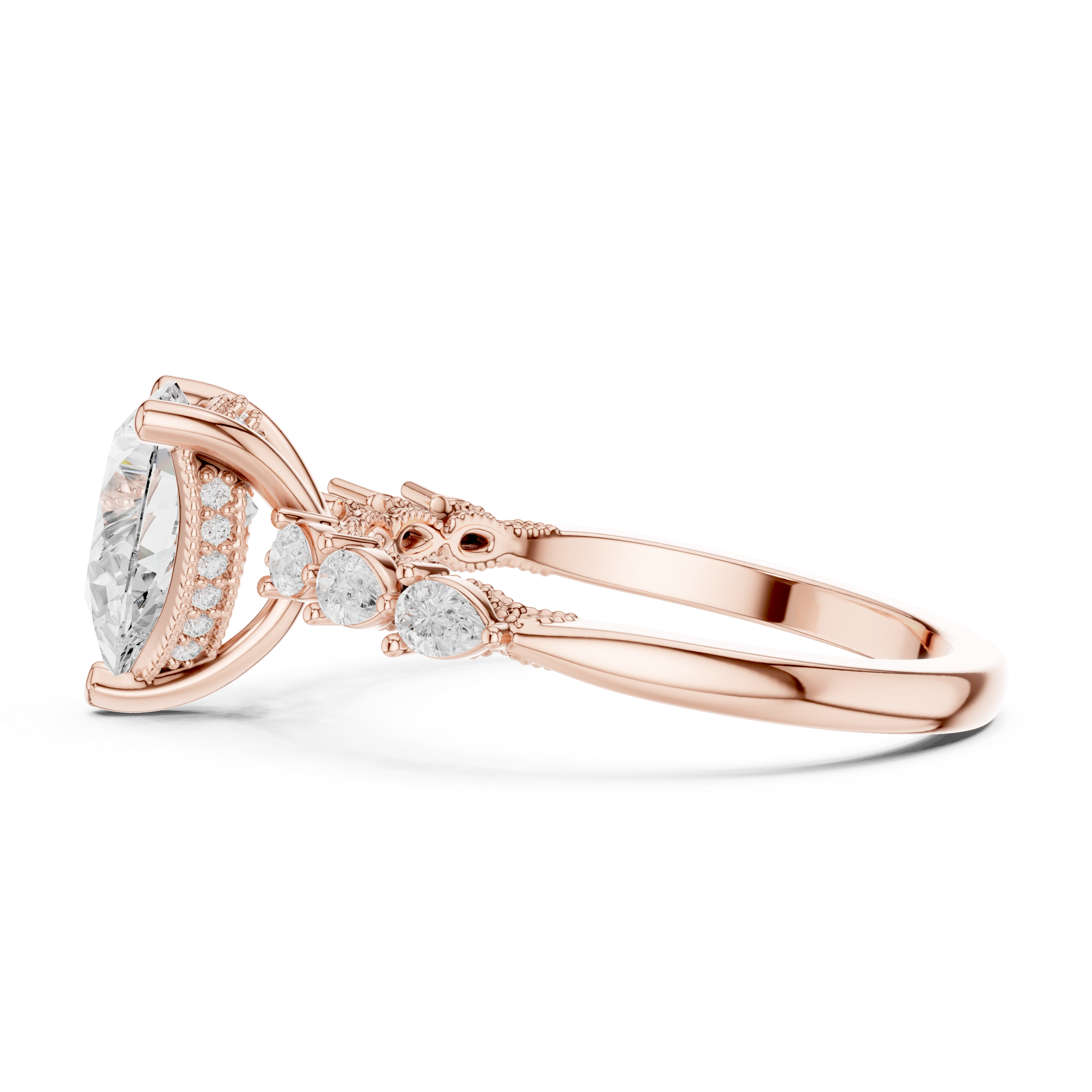 Pear Cut Engagement Ring with Marquise & Round Floral Side Stones