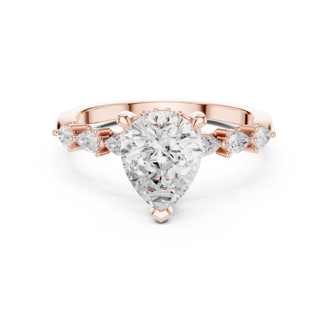Pear Cut Engagement Ring with Marquise & Round Floral Side Stones