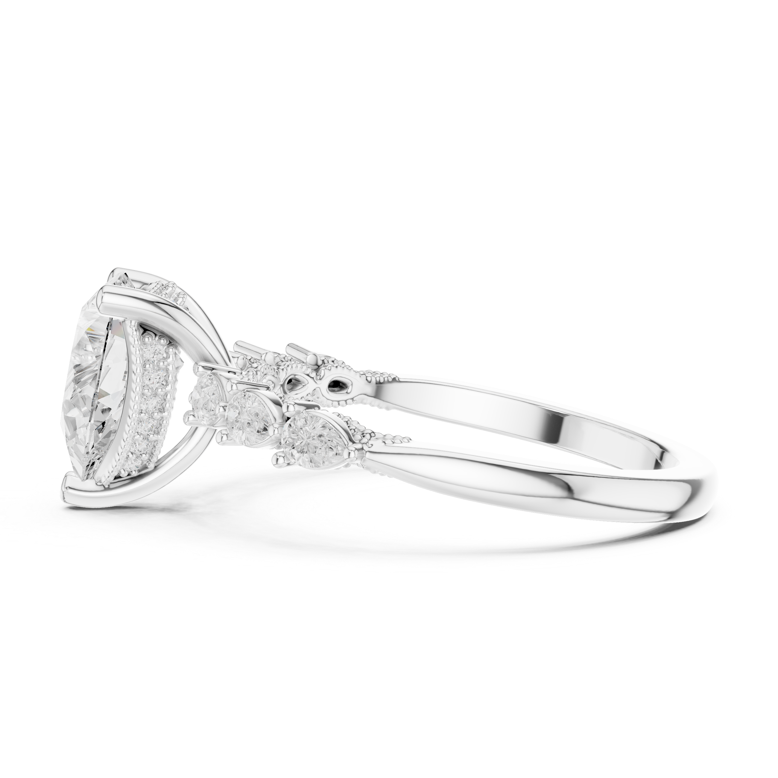 Pear Cut Engagement Ring with Marquise & Round Floral Side Stones