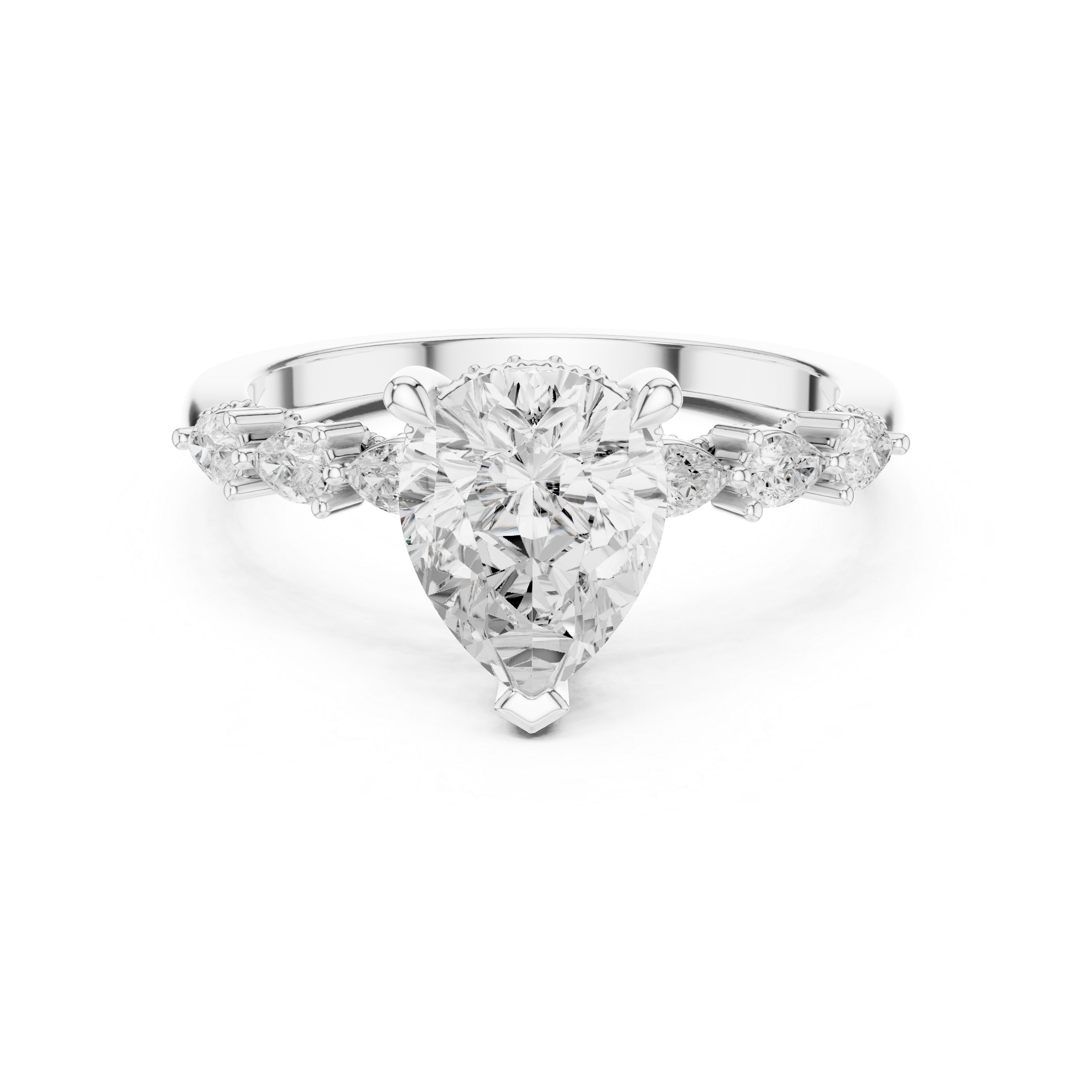 Pear Cut Engagement Ring with Marquise & Round Floral Side Stones