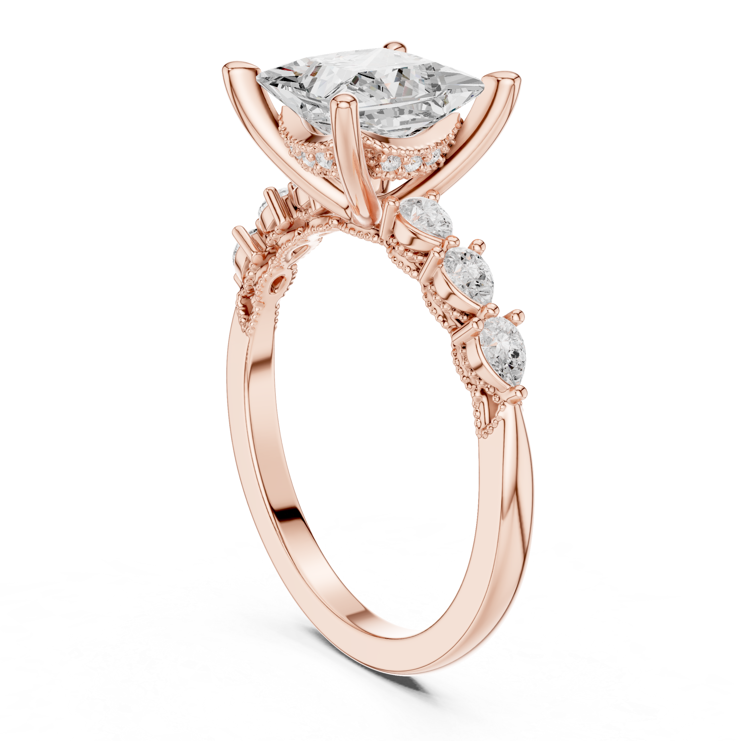 Princess  Cut Engagement Ring with Marquise & Round Floral Side Stones