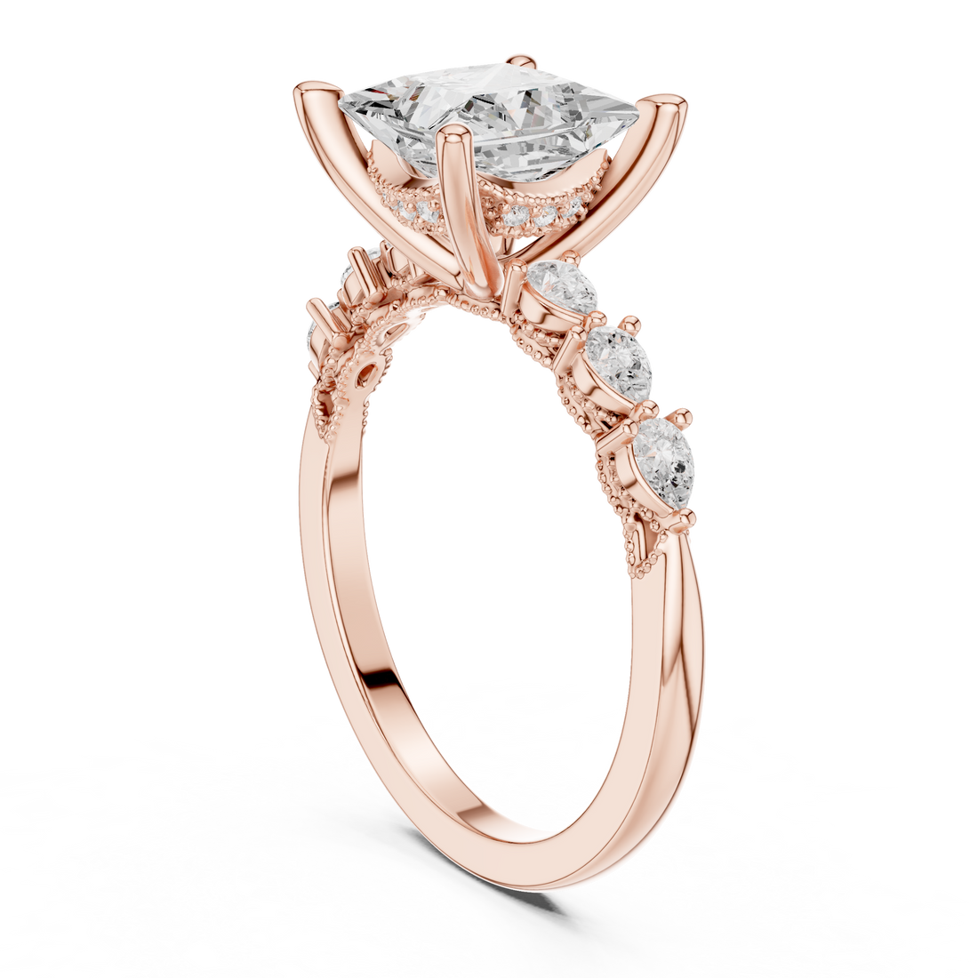 Princess  Cut Engagement Ring with Marquise & Round Floral Side Stones