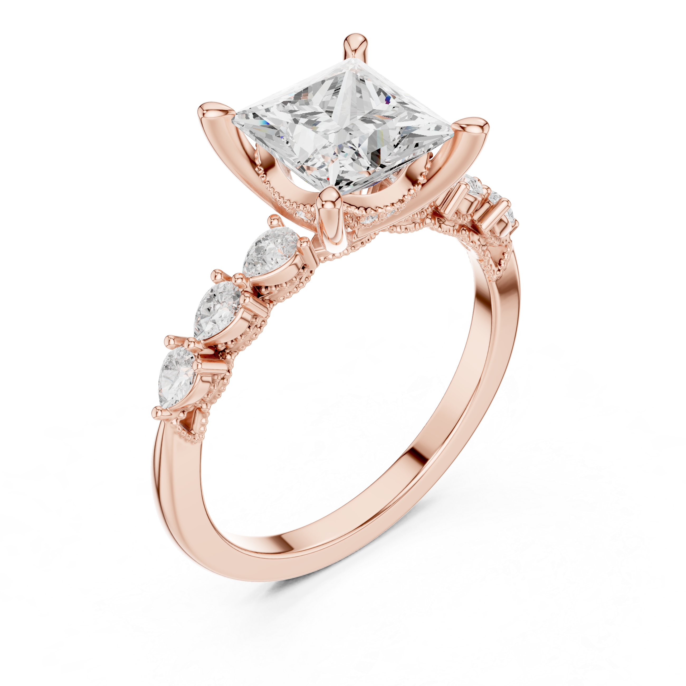 Princess  Cut Engagement Ring with Marquise & Round Floral Side Stones