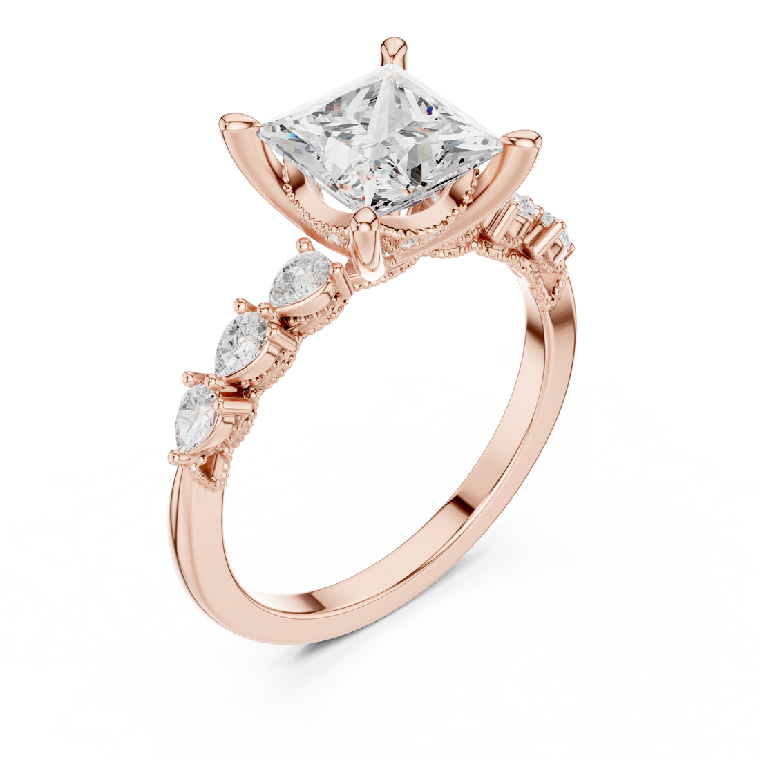 Princess  Cut Engagement Ring with Marquise & Round Floral Side Stones