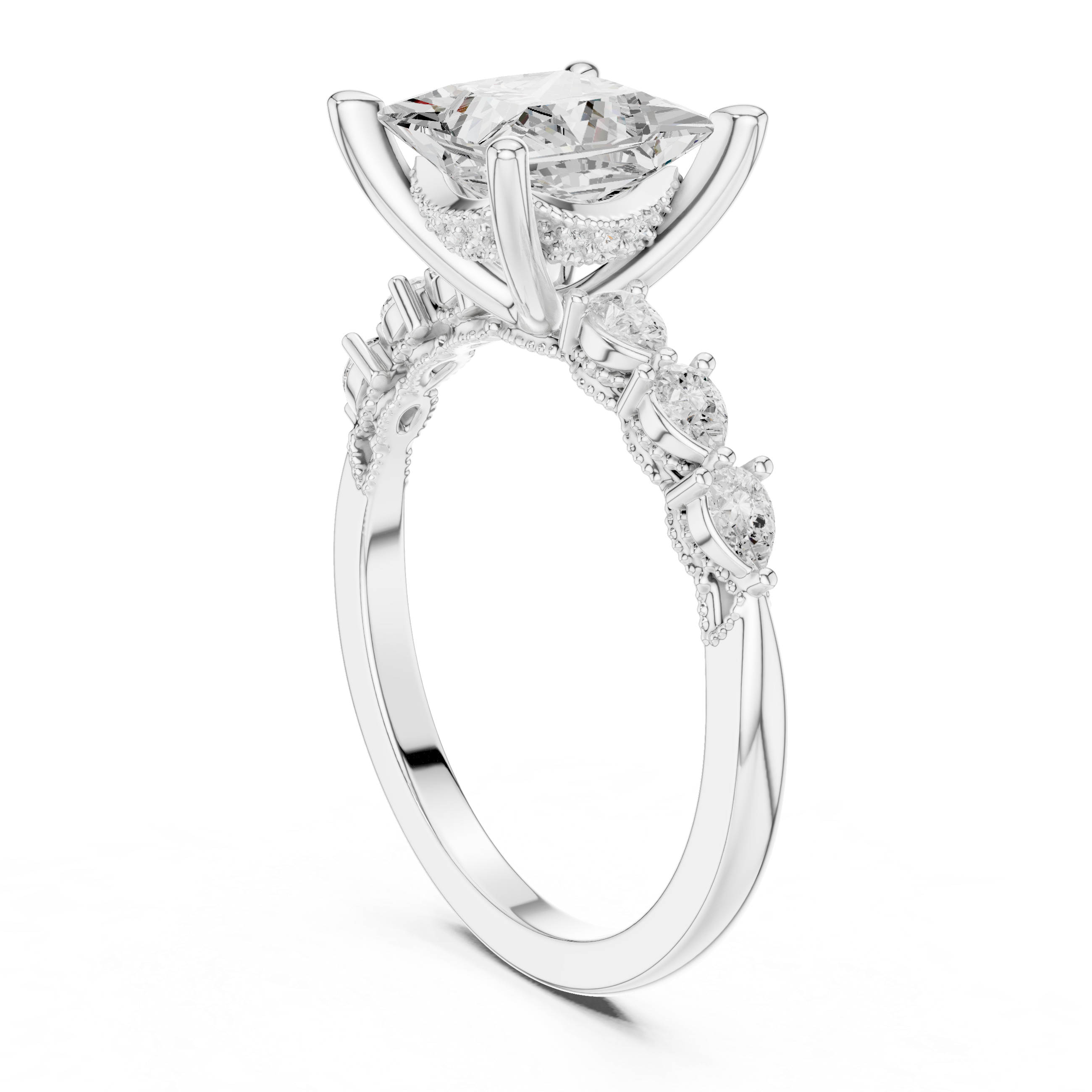 Princess  Cut Engagement Ring with Marquise & Round Floral Side Stones