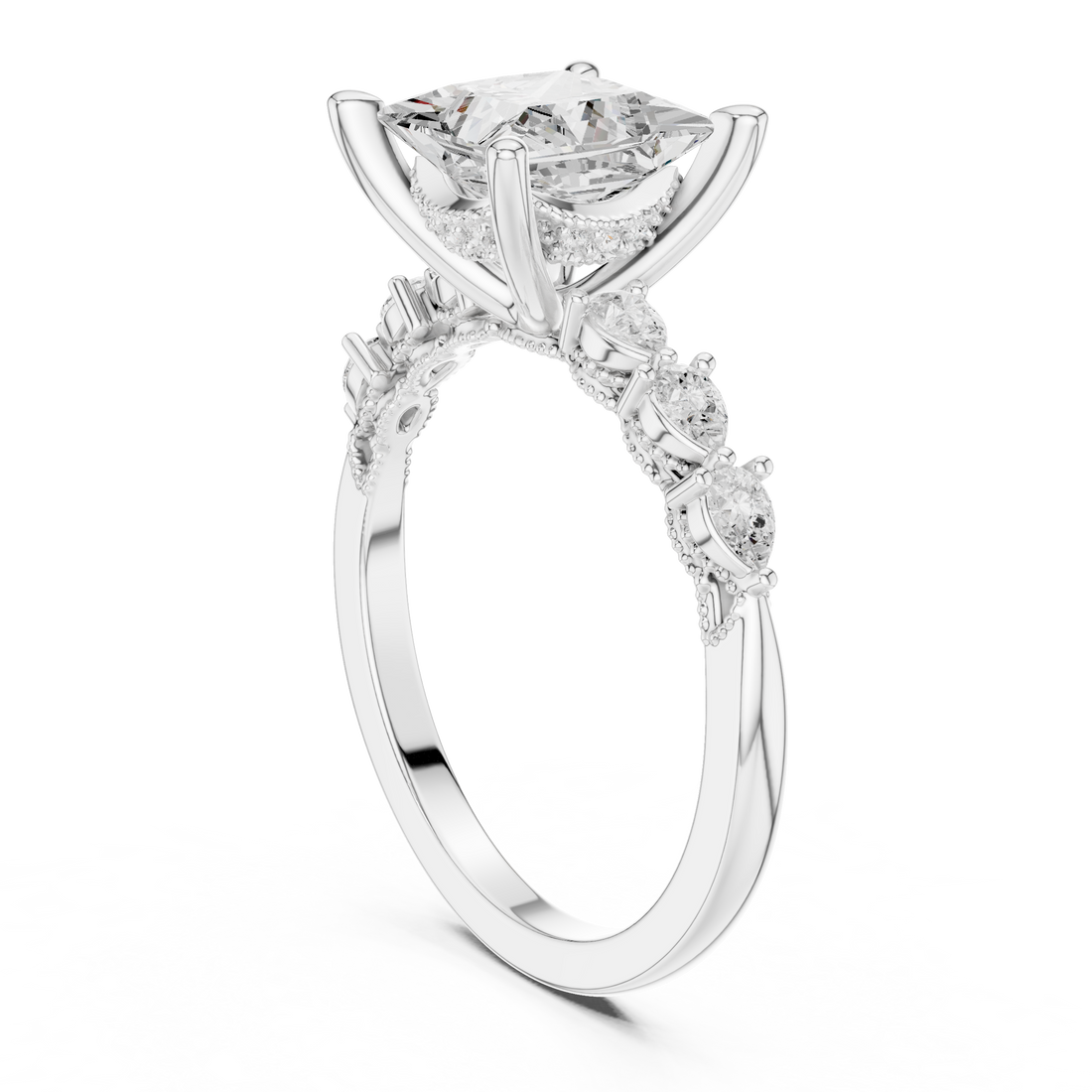 Princess  Cut Engagement Ring with Marquise & Round Floral Side Stones