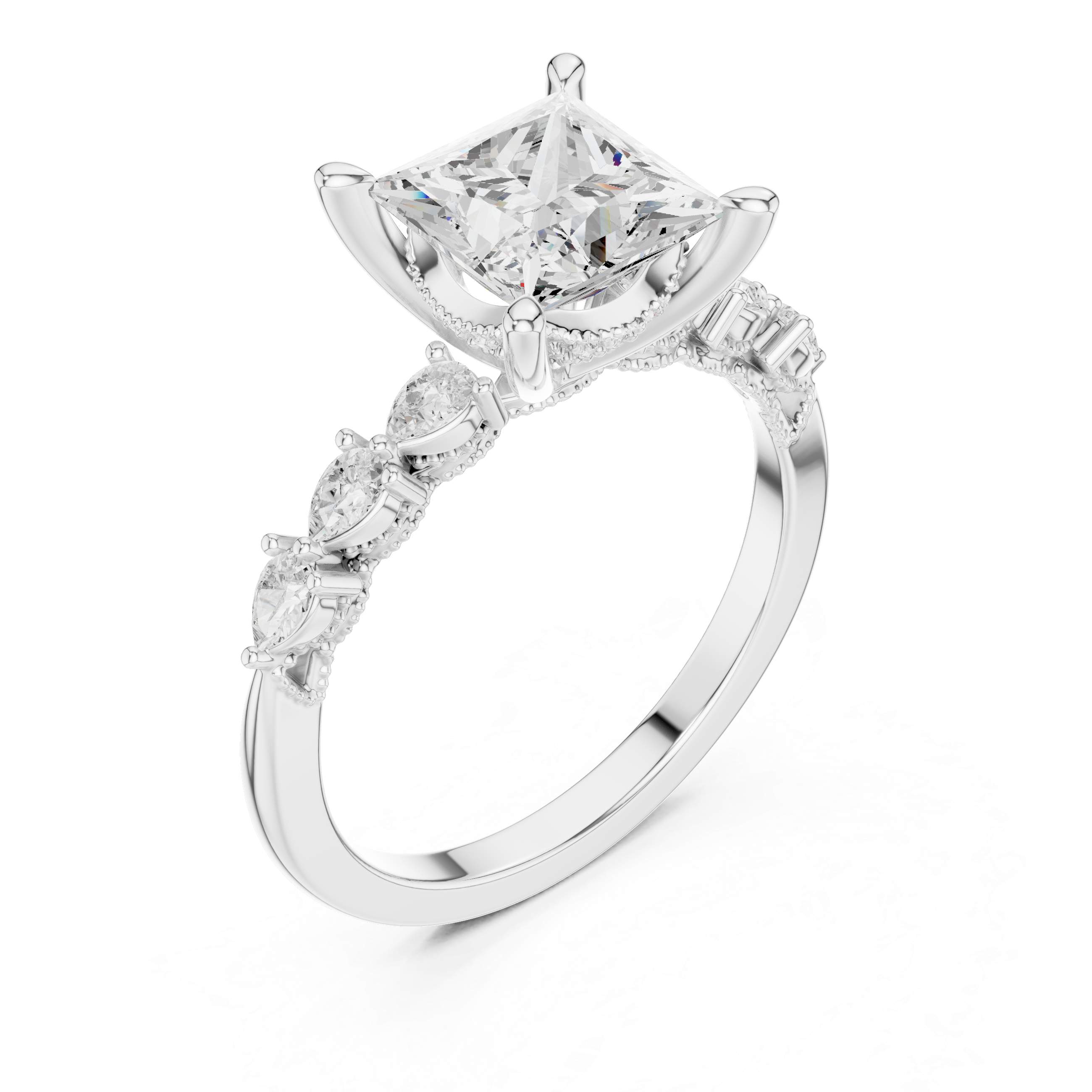 Princess  Cut Engagement Ring with Marquise & Round Floral Side Stones
