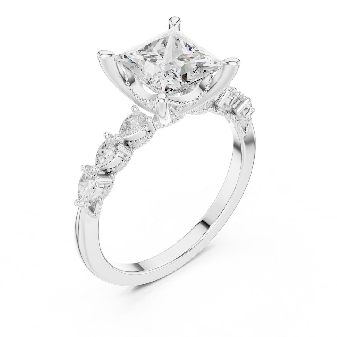 Princess  Cut Engagement Ring with Marquise & Round Floral Side Stones