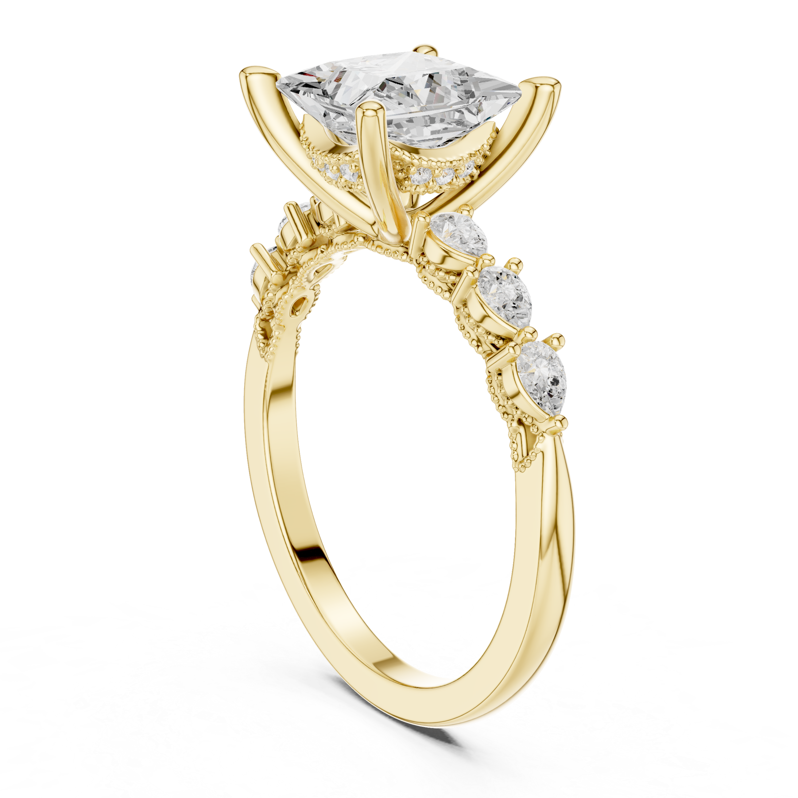 Princess  Cut Engagement Ring with Marquise & Round Floral Side Stones