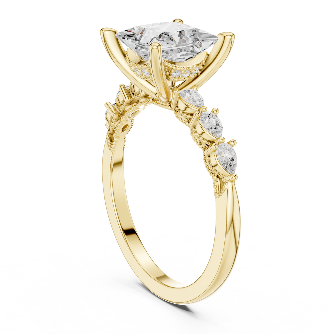 Princess  Cut Engagement Ring with Marquise & Round Floral Side Stones