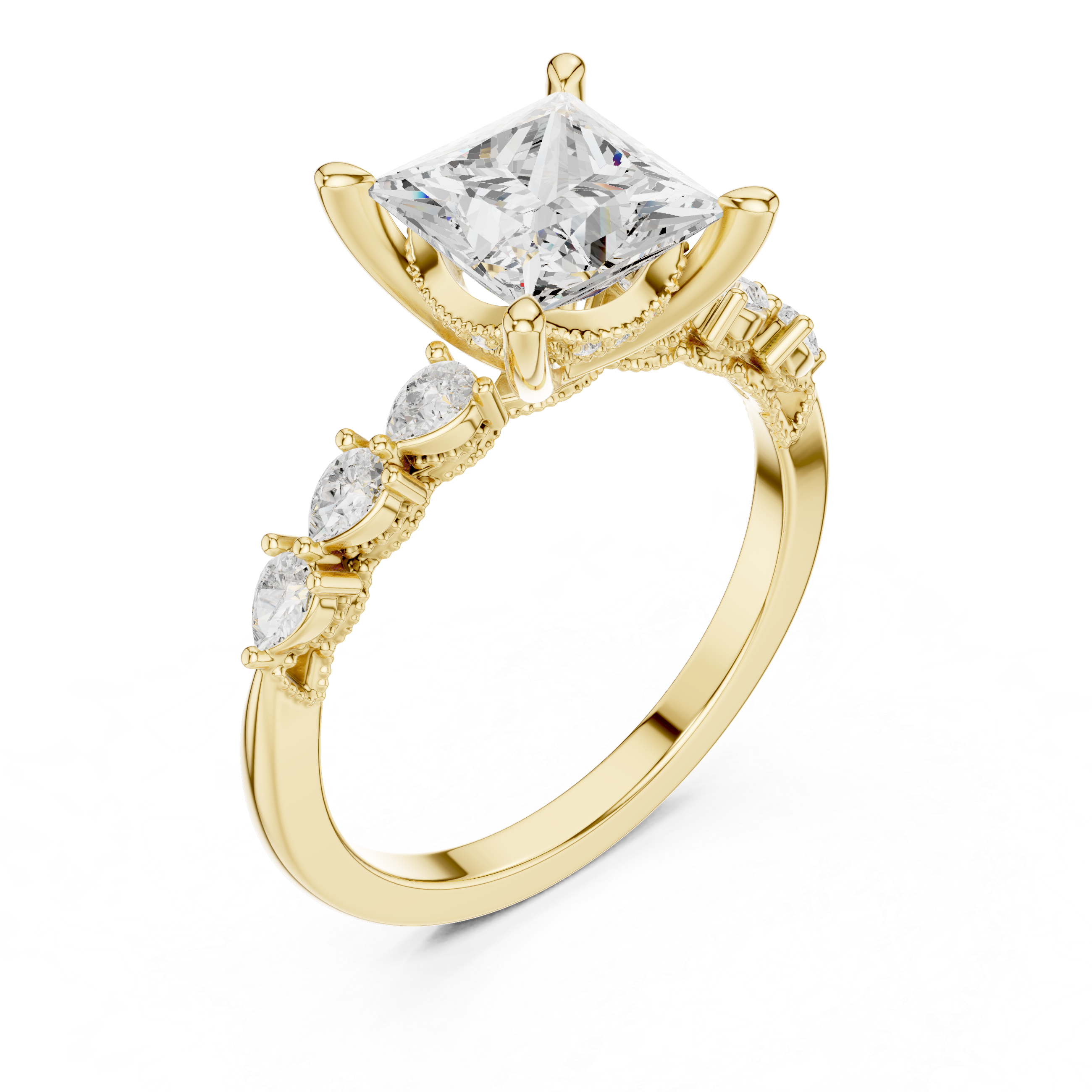 Princess  Cut Engagement Ring with Marquise & Round Floral Side Stones