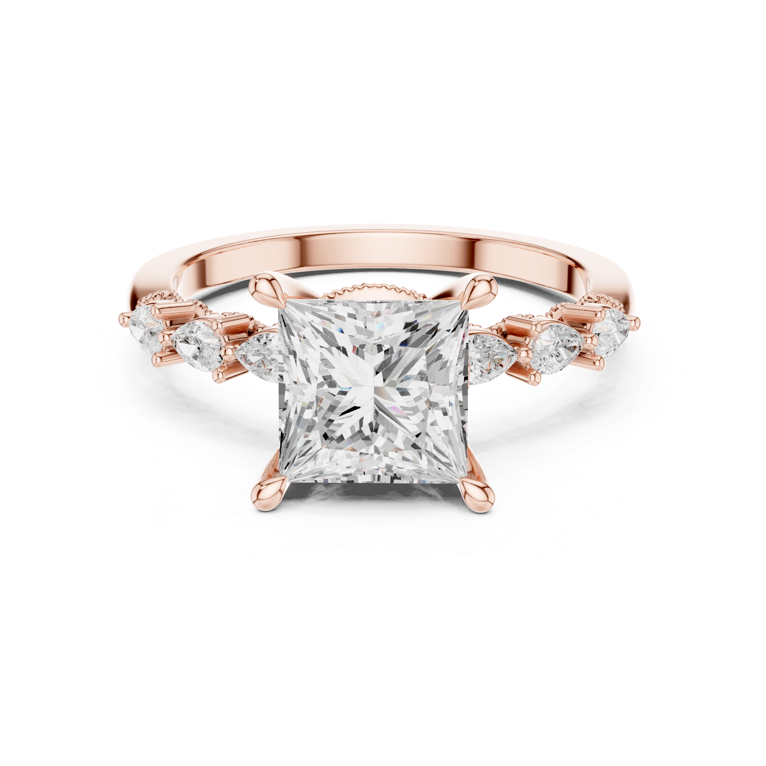 Princess  Cut Engagement Ring with Marquise & Round Floral Side Stones