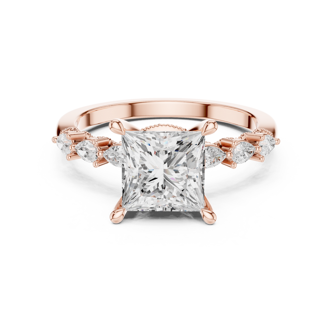 Princess  Cut Engagement Ring with Marquise & Round Floral Side Stones