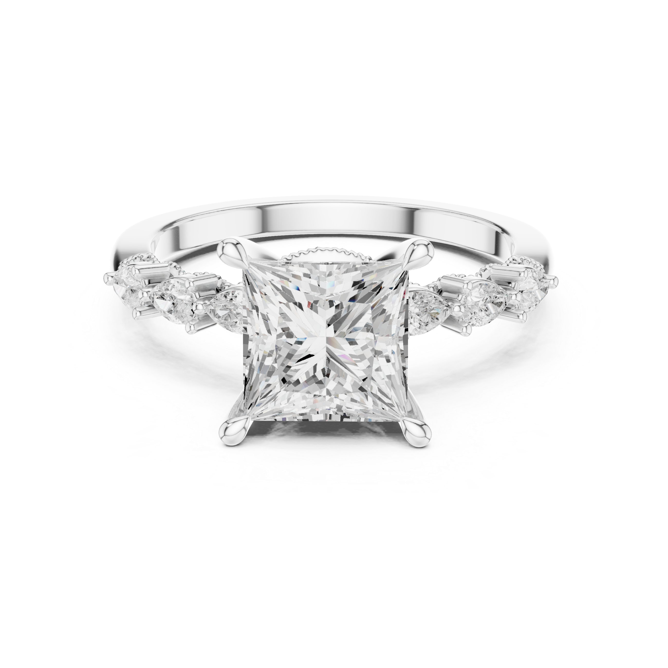 Princess  Cut Engagement Ring with Marquise & Round Floral Side Stones