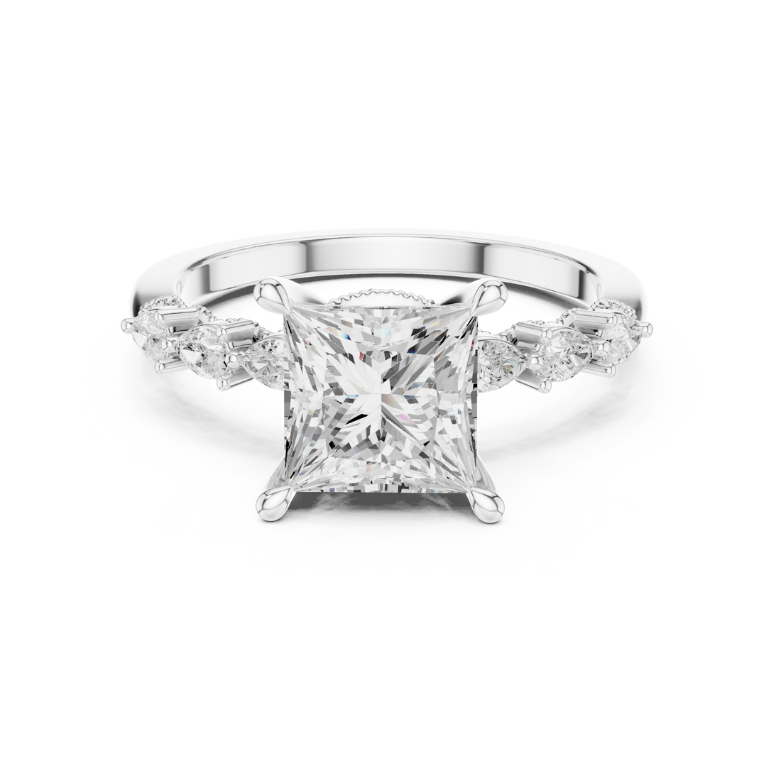 Princess  Cut Engagement Ring with Marquise & Round Floral Side Stones